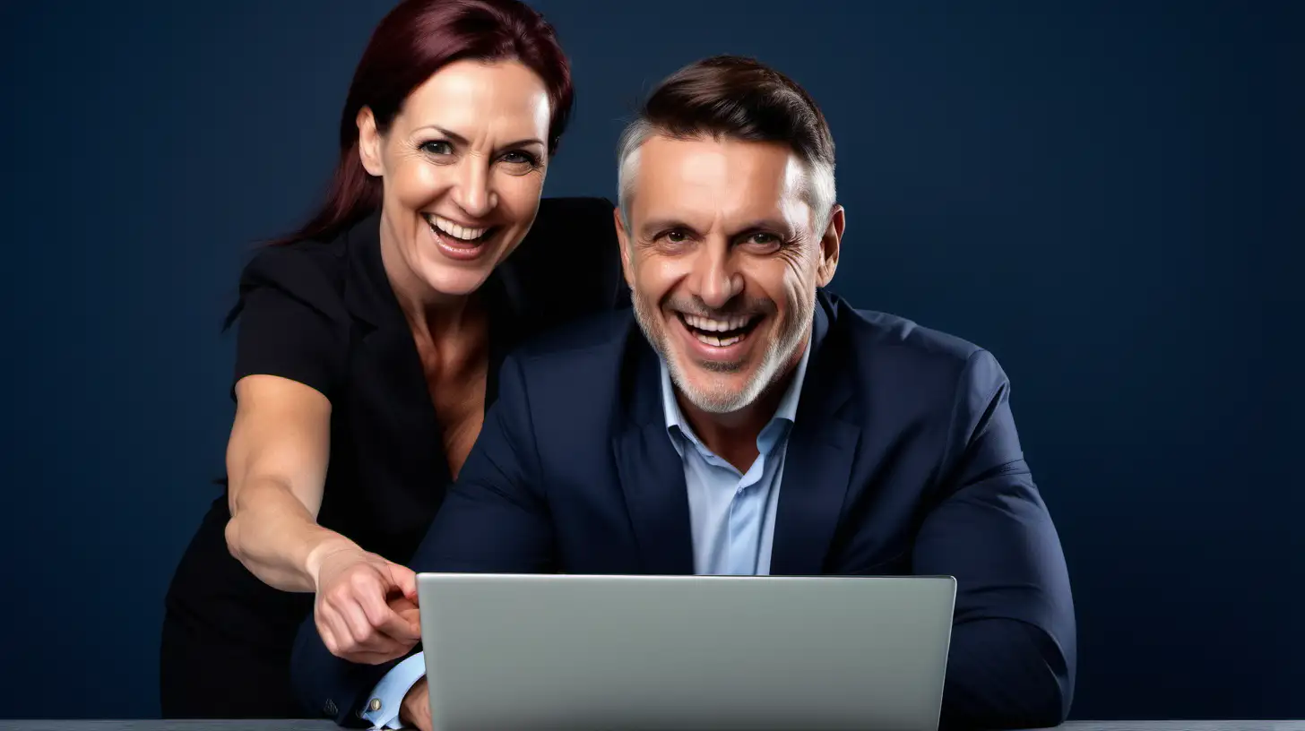 Happy female ceo and male marketing assistant just found something very important together on a laptop. emphatic. 50 years old. Smiling. looking at the laptop. picture has a dark blue background.
