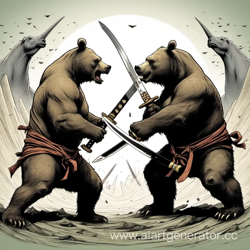 Медведь против носорога на катанах