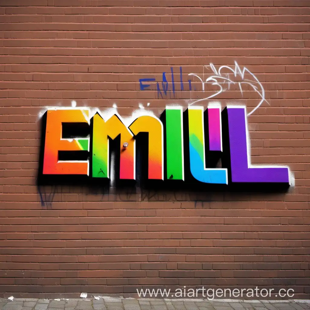 Радужная граффити надпись "Emil" на кирпичной стене