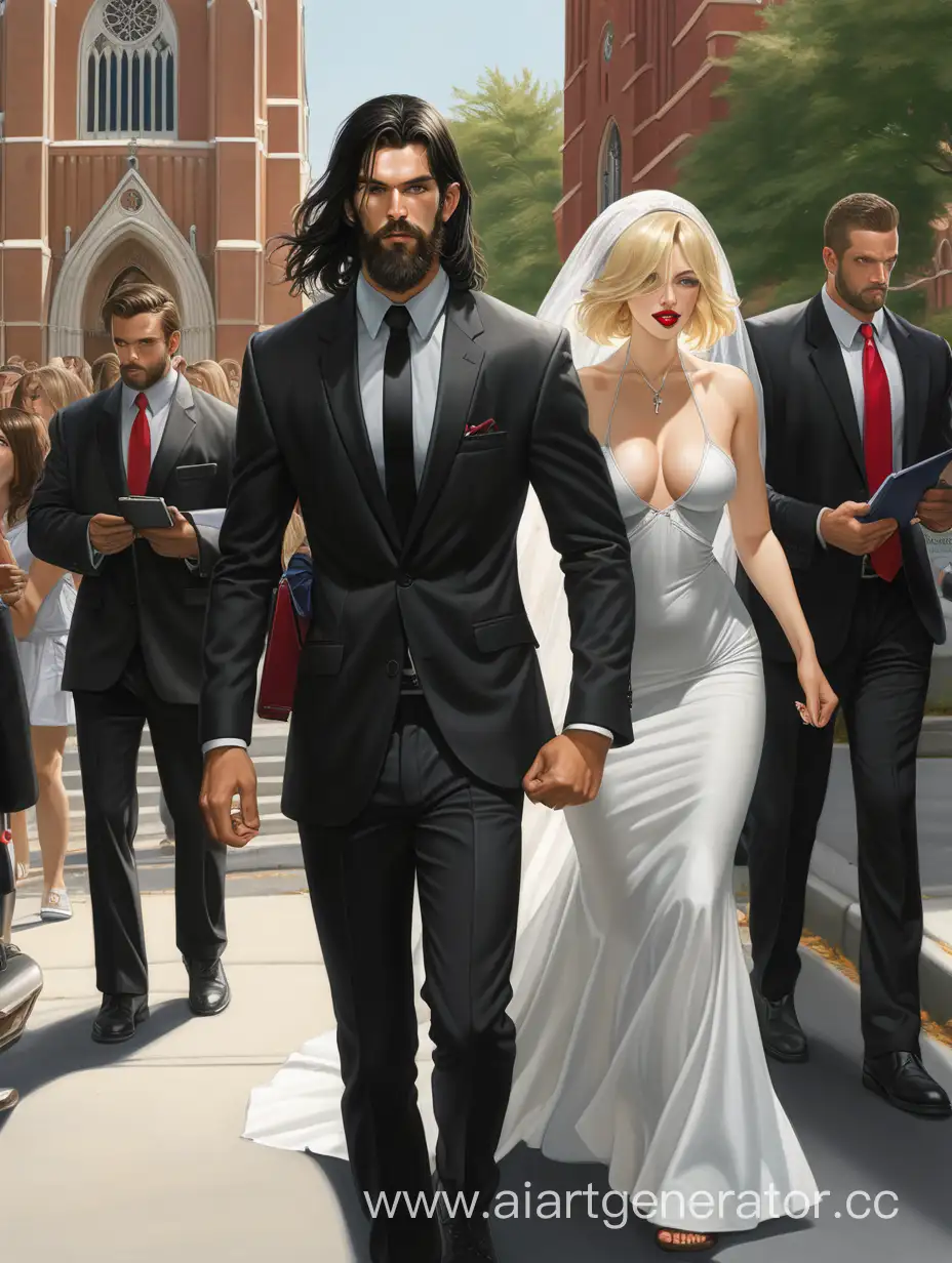 Athletic-Man-in-Black-Suit-Exiting-Church-with-Slender-Bride