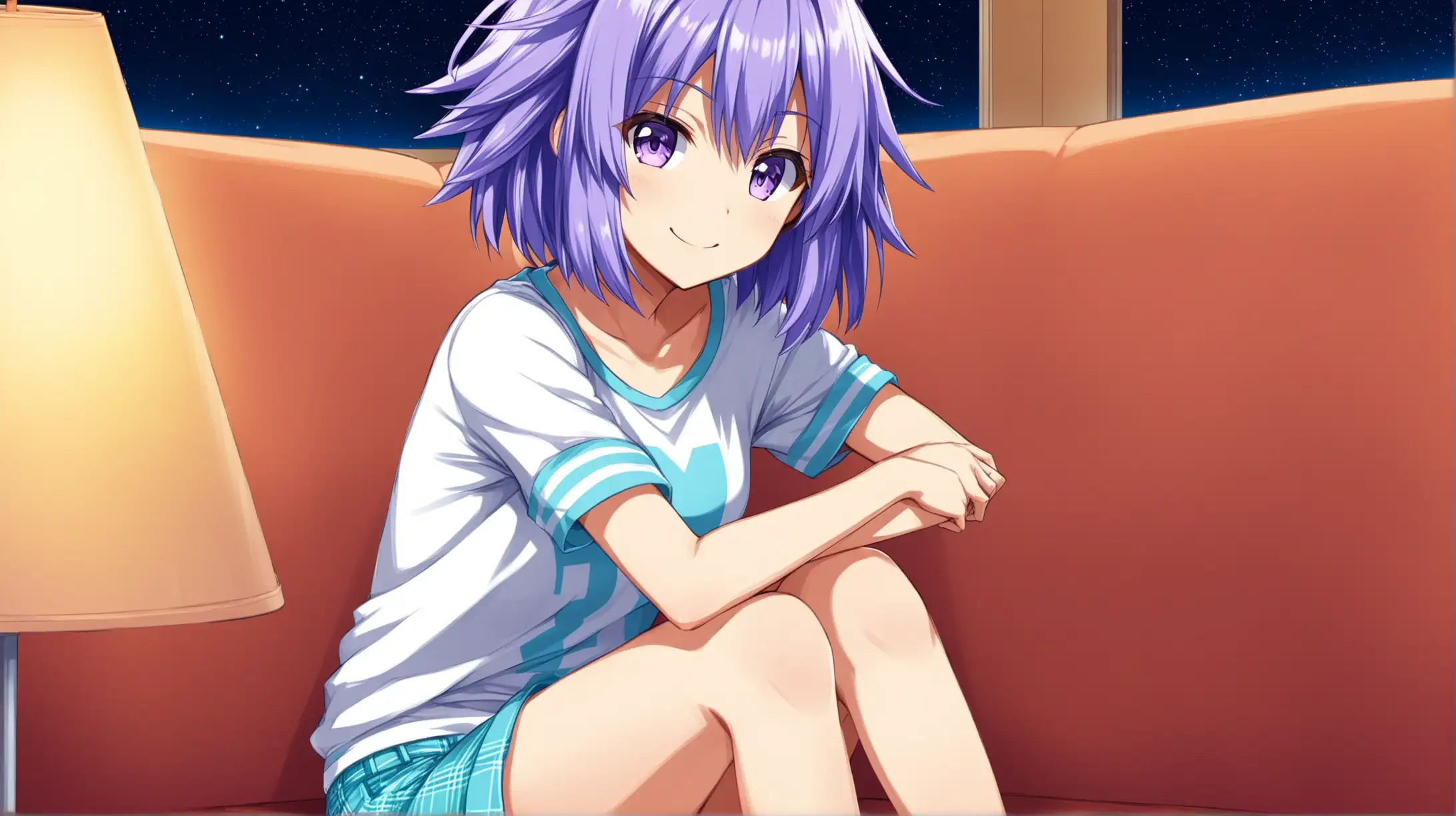 Draw the character Neptune from the Hyperdimension Neptunia series with short hair sitting indoors alone at night while she is wearing casual clothes and smiling at the viewer