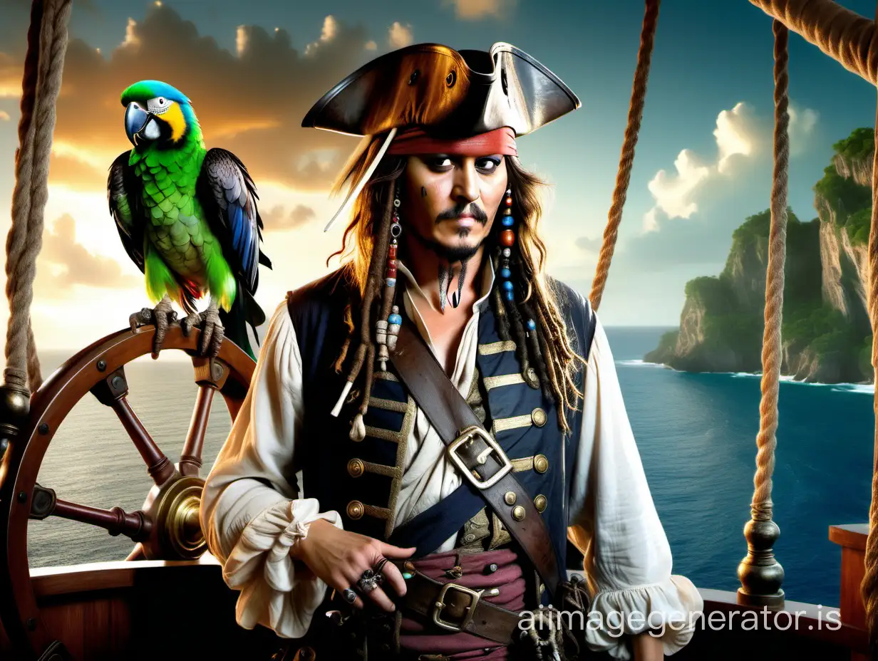 Johnny Depp Capt. Jack Sparrow in the image of a pirate ship captain with a parrot on his shoulder stands at the helm of a magnificent frigate close up, against the backdrop of a beautiful Caribbean sea landscape, Intricate details, a fairy-tale atmosphere, a detailed world, bright sunrise, a whimsical and enchanting atmosphere, an elegant and graceful design, unearthly and otherworldly vibes, artistic and magical atmosphere, masterpiece, professional photo, ISO 100,