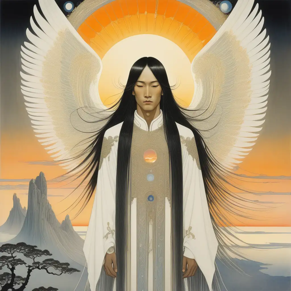 futuristic painting in kay nielsen style of a male angel of asian race, with long hair, watching sunrise
