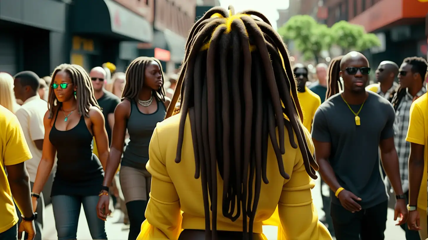 A back shot of a Black woman in dreadlocs with her hair down wearing yellow walking through the crowd on a street
