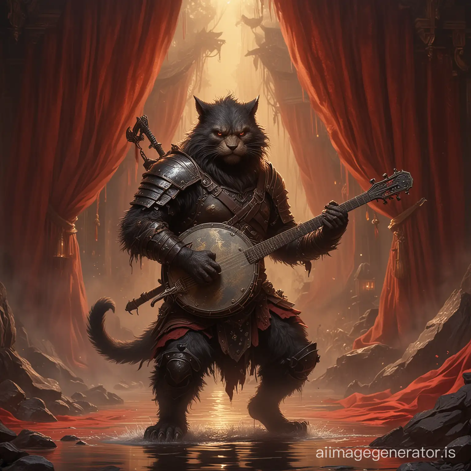 In a mesmerizing display of splashing brushstrokes, an intricate realistic digital painting masterpiece emerges. A bugbear, dressed in dark armor and one  sword in his belt .a banjo on his back. and a hook sword in his hand, with a cat behind him. against a backdrop of backdrop of red curtains surrounded by black smoke and a dark atomosphere of candlelight that showes his obscured figure and emotional intensity. ethereal, otherworldly, insane detail, 