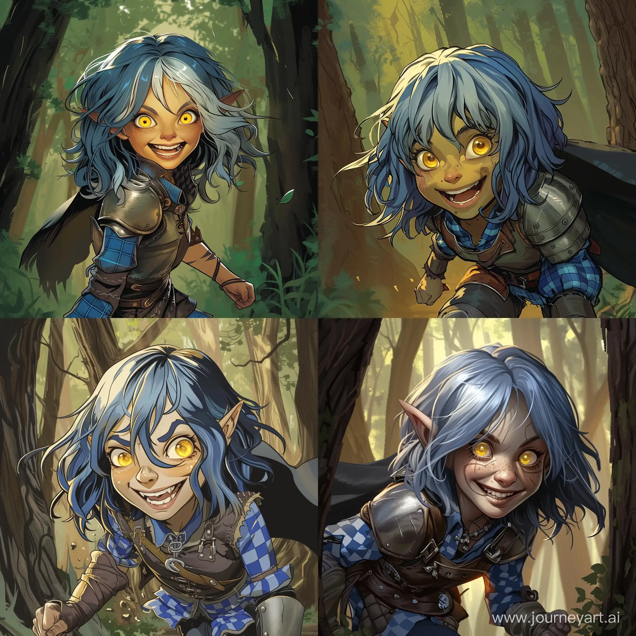 Draw a character from the Dungeons and Dragons universe according to the following description: She is a half-elf warlock with shoulder-lenght blue hair with silver streaks and yellow eyes. She has light beige skin, and crazed happy smile on her young face.
The girl is dressed in a leather armor with blue checkered shirt underneath. There is a black cloack behind her back.
She is running through the woods searching for an adventure