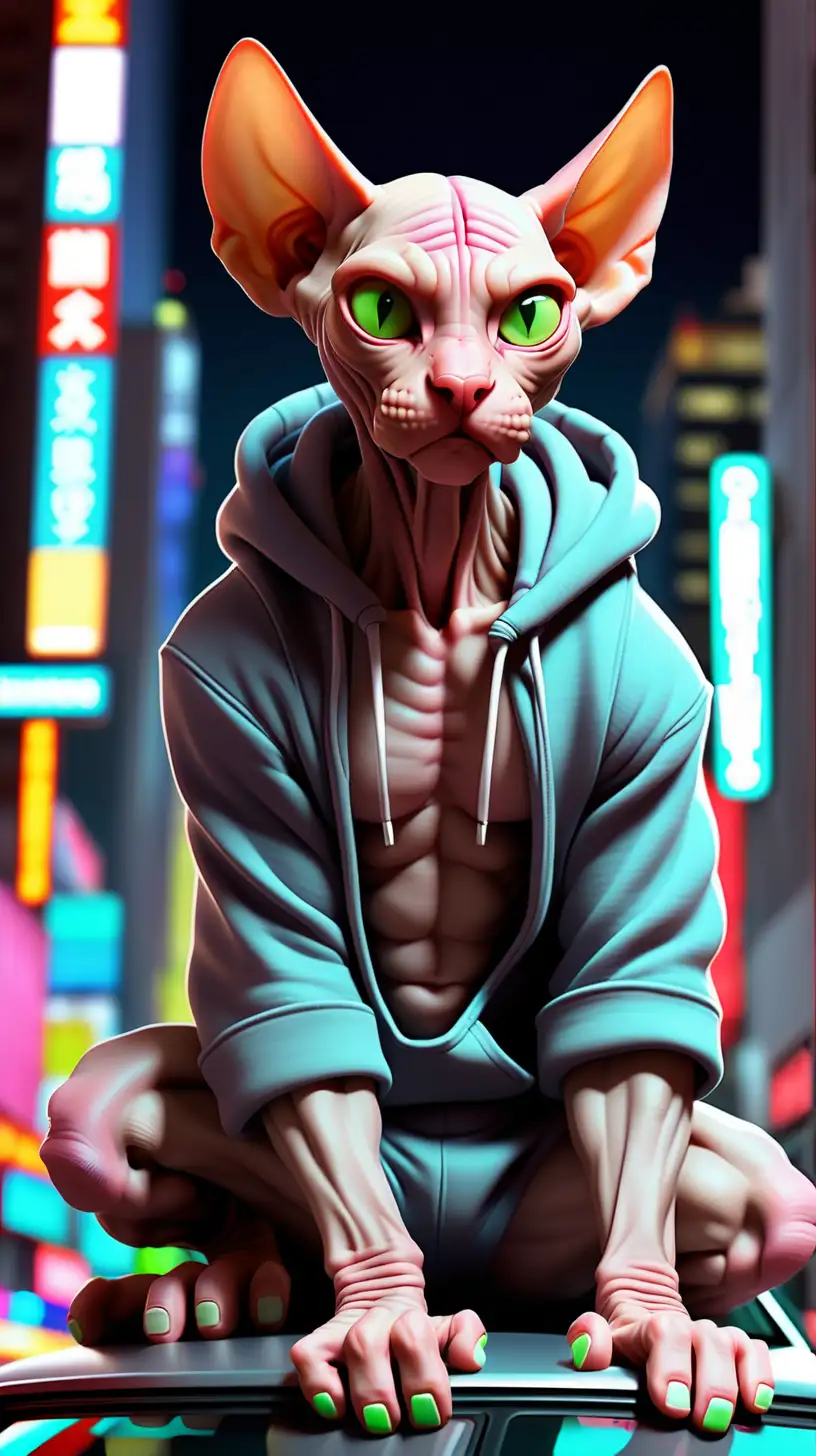 Sphynxcat on steriode, big city like new york, crowdy busy futuristic city, neonlight, at night,musculaire, blink at camera, sitting  on a carroof looking aggressively, give him a hoodie cut off slaves