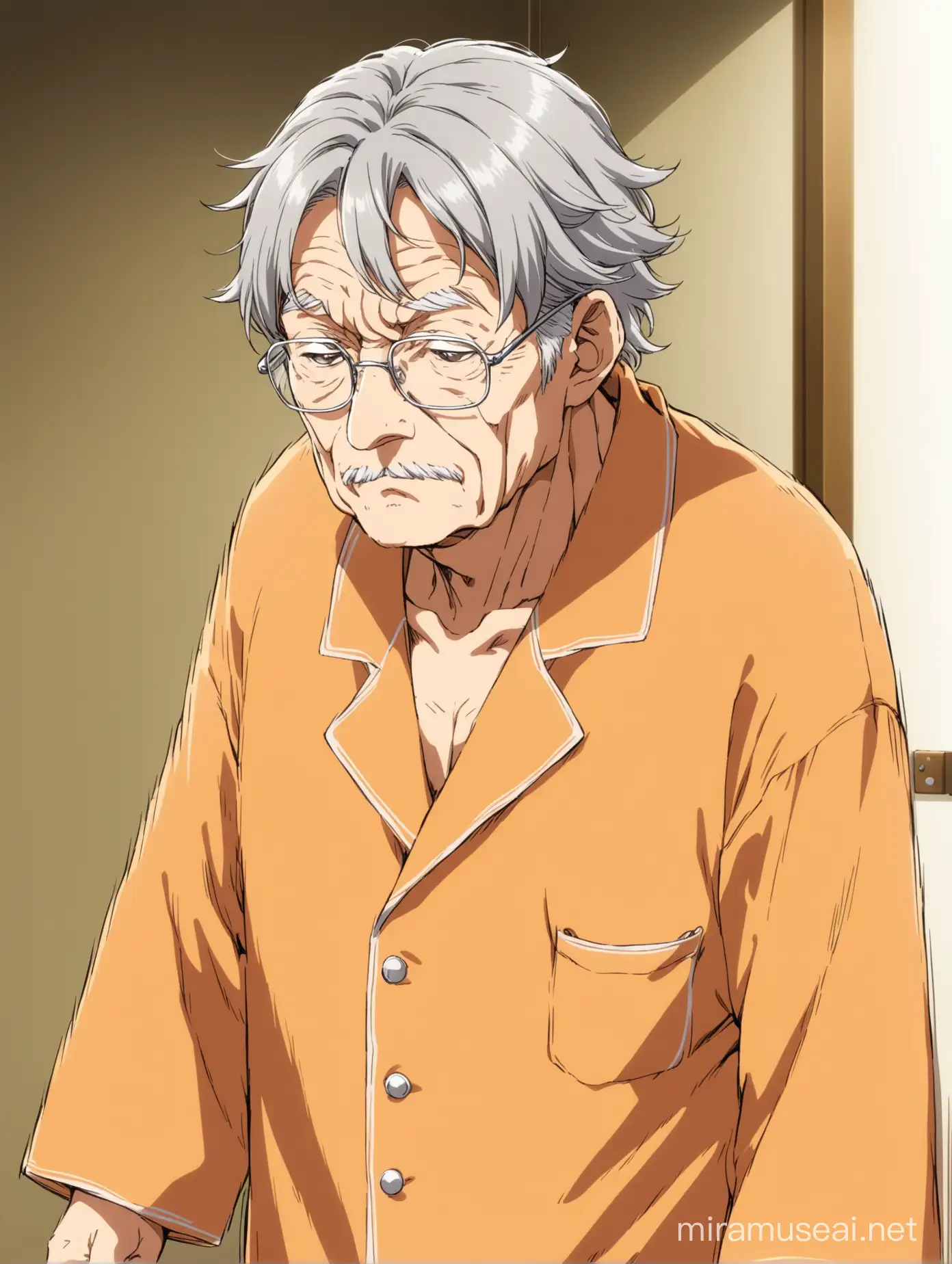 Anime, Old wrinkled man, with wavy gray hair, wearing light orange pajamas, wearing silver glasses.