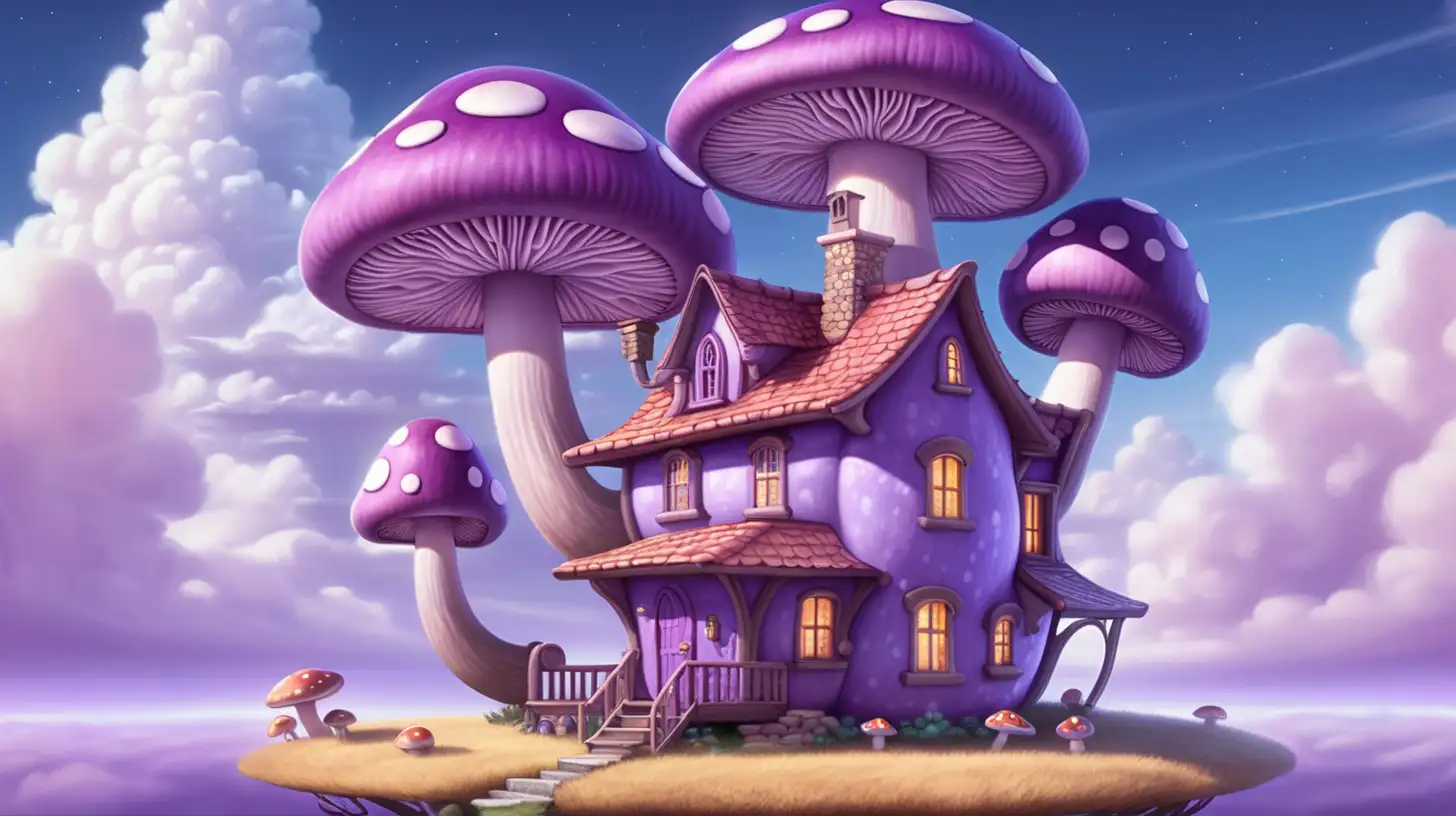 magical purple mushroom house with windows and doors and a chimney floating in the sky and sitting on a cloud and surrounded by clouds 