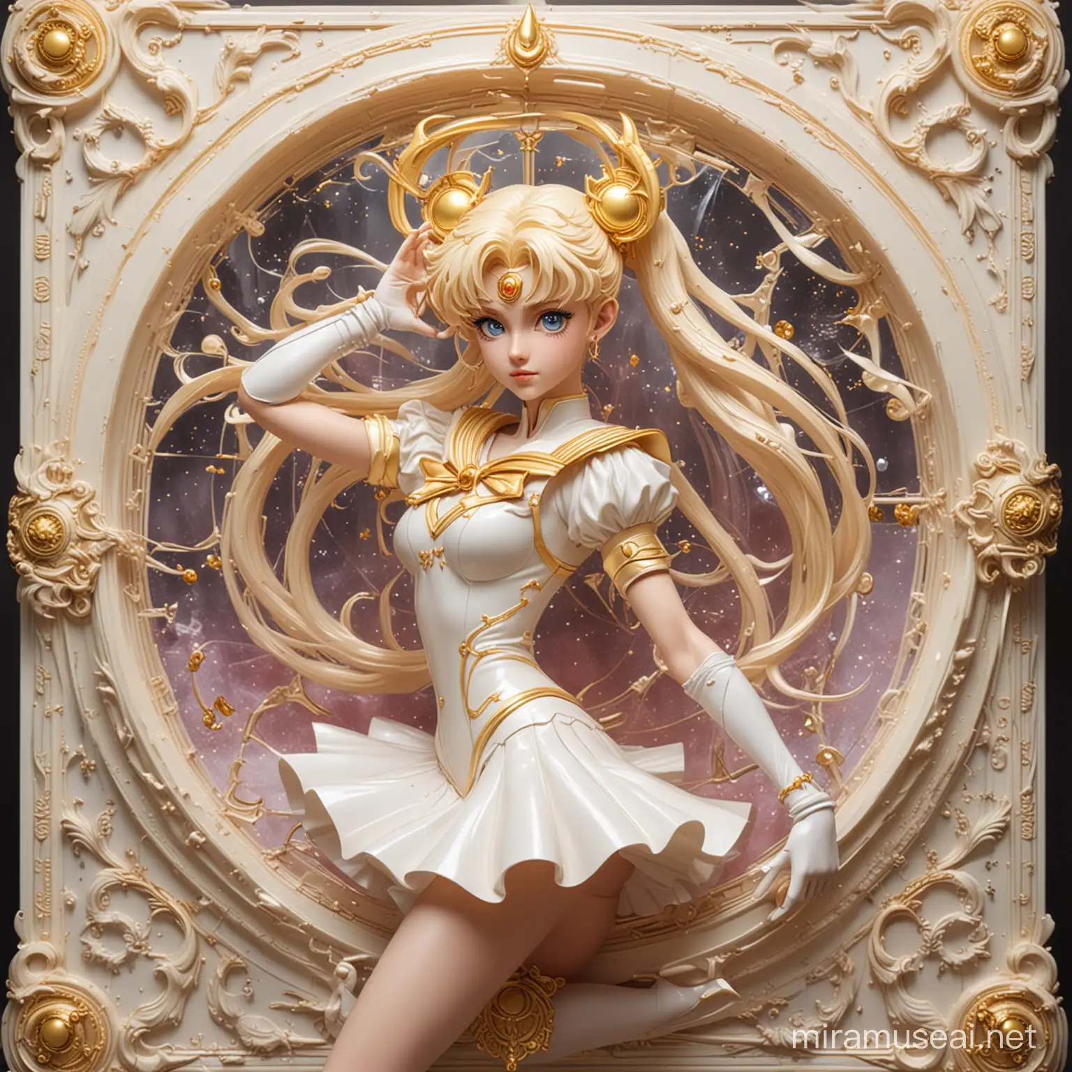 Sailor Moon , epic action and dynamic pose, in the style of opaque resin panels, precisionist, ivory, magical girl symbolism, close-up, elaborate borders, surrealistic assemblage