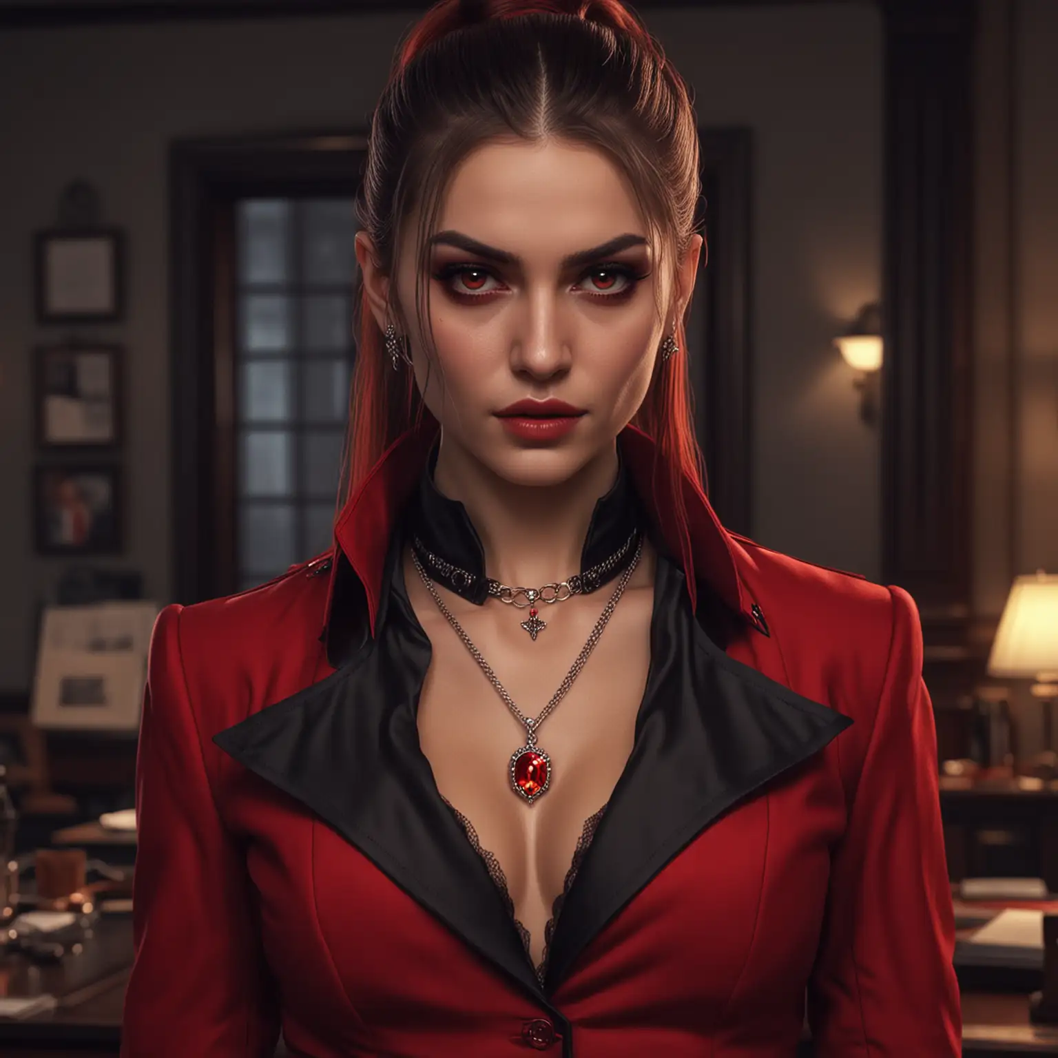 A female Toreador vampire, red glowing eyes, ponytail, wearing a fitting deep red suit, fitting red trousers, necklace with a red pendant, inside a mafia boss' office, at night, realistic