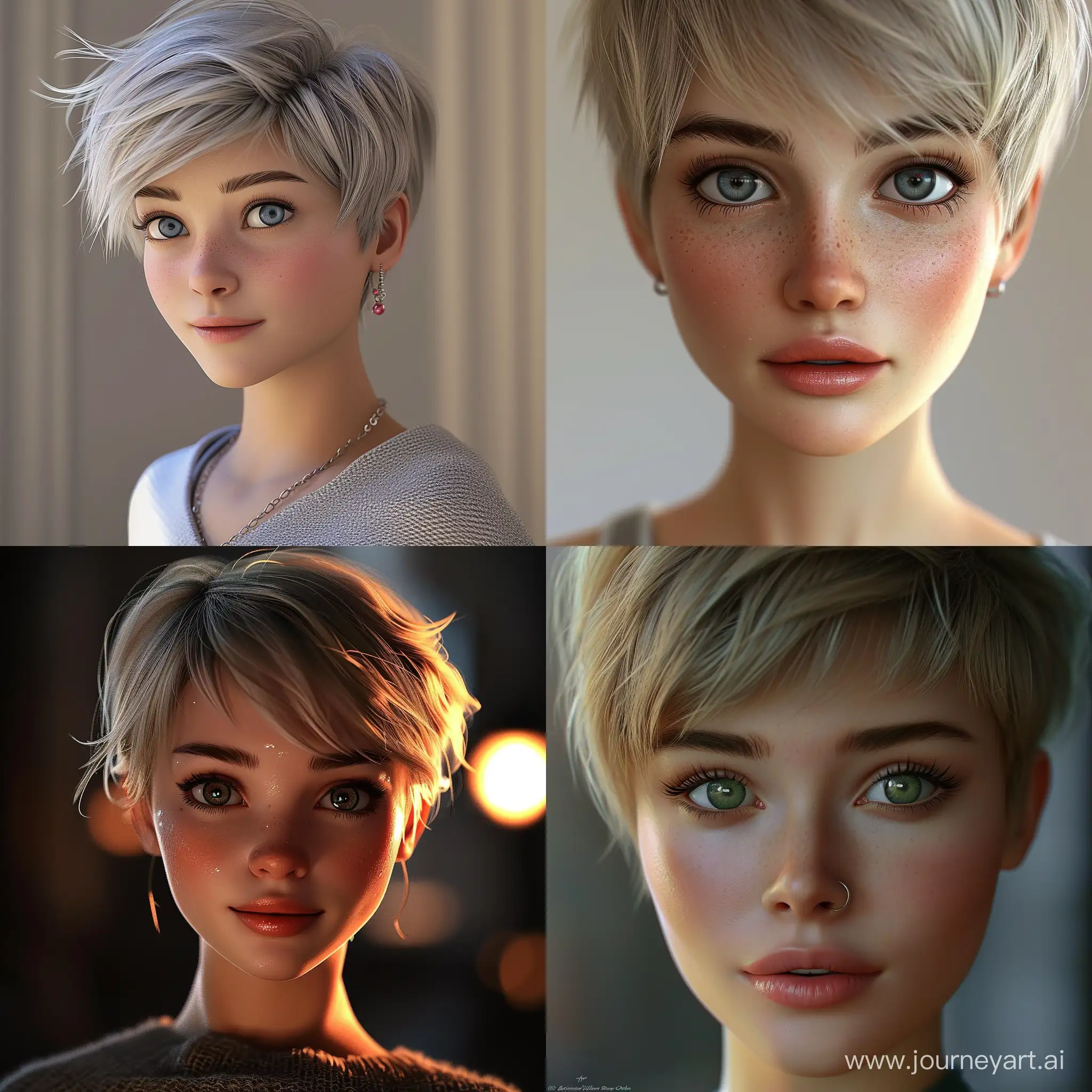 she is Russian with light skin and short hair, she is smart, she is cooler than cool, high dynamic range style, kawaii art, animated illustrations, daz3d, exotic realism, close up intensity