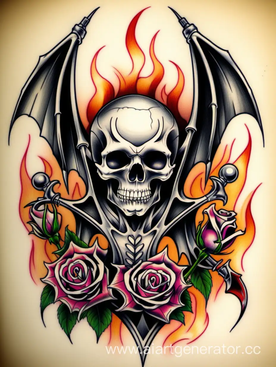 Edgy-Tattoo-Sketch-Skull-with-Bat-Wings-and-Fiery-Roses