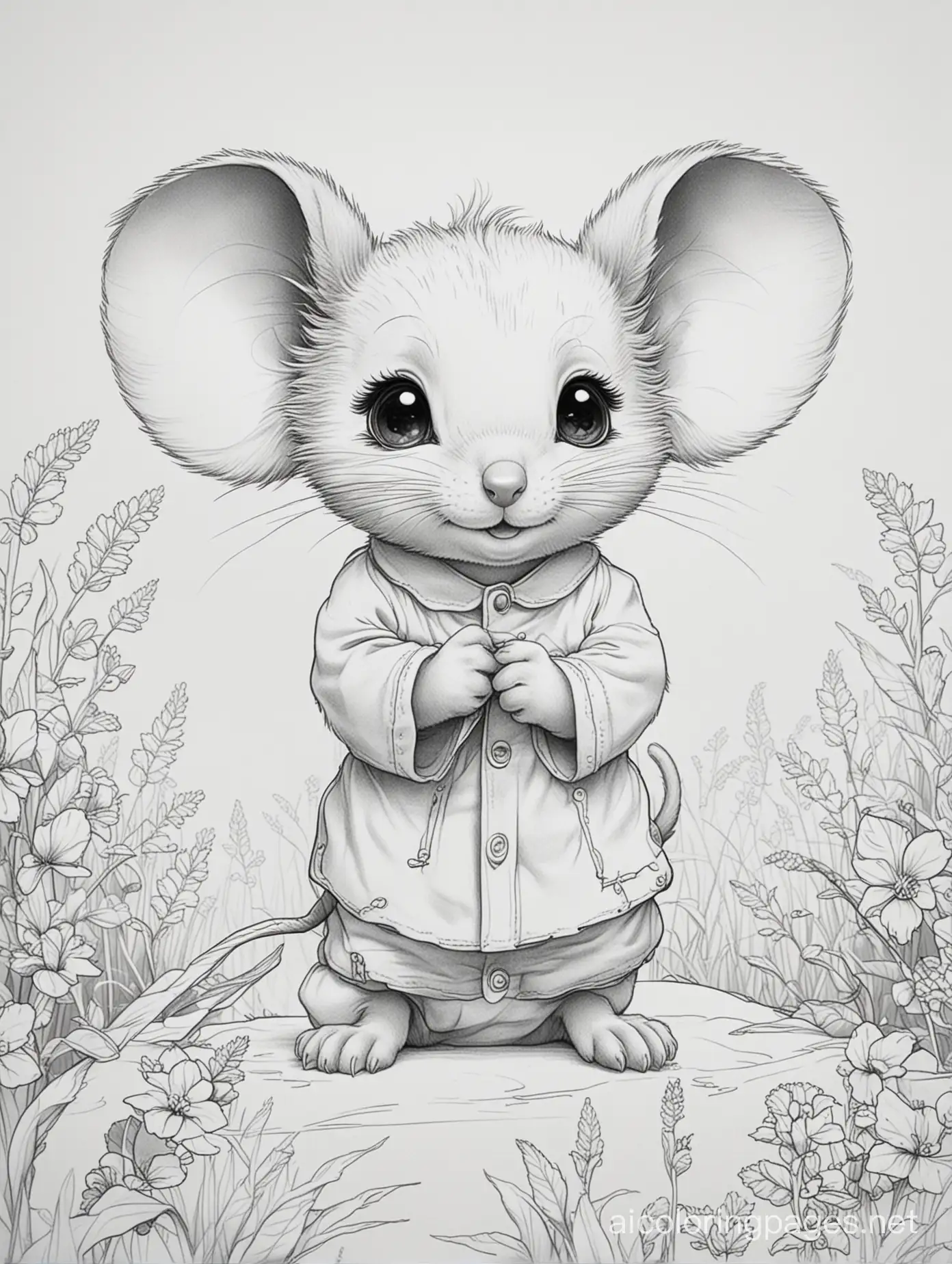Outline sketch ,cute chibi little mouse, elegant , extremely detailed  masterpiece,  crisp quality,  line art , field background, Coloring Page, black and white, line art, white background, Simplicity, Ample White Space. The background of the coloring page is plain white to make it easy for young children to color within the lines. The outlines of all the subjects are easy to distinguish, making it simple for kids to color without too much difficulty
