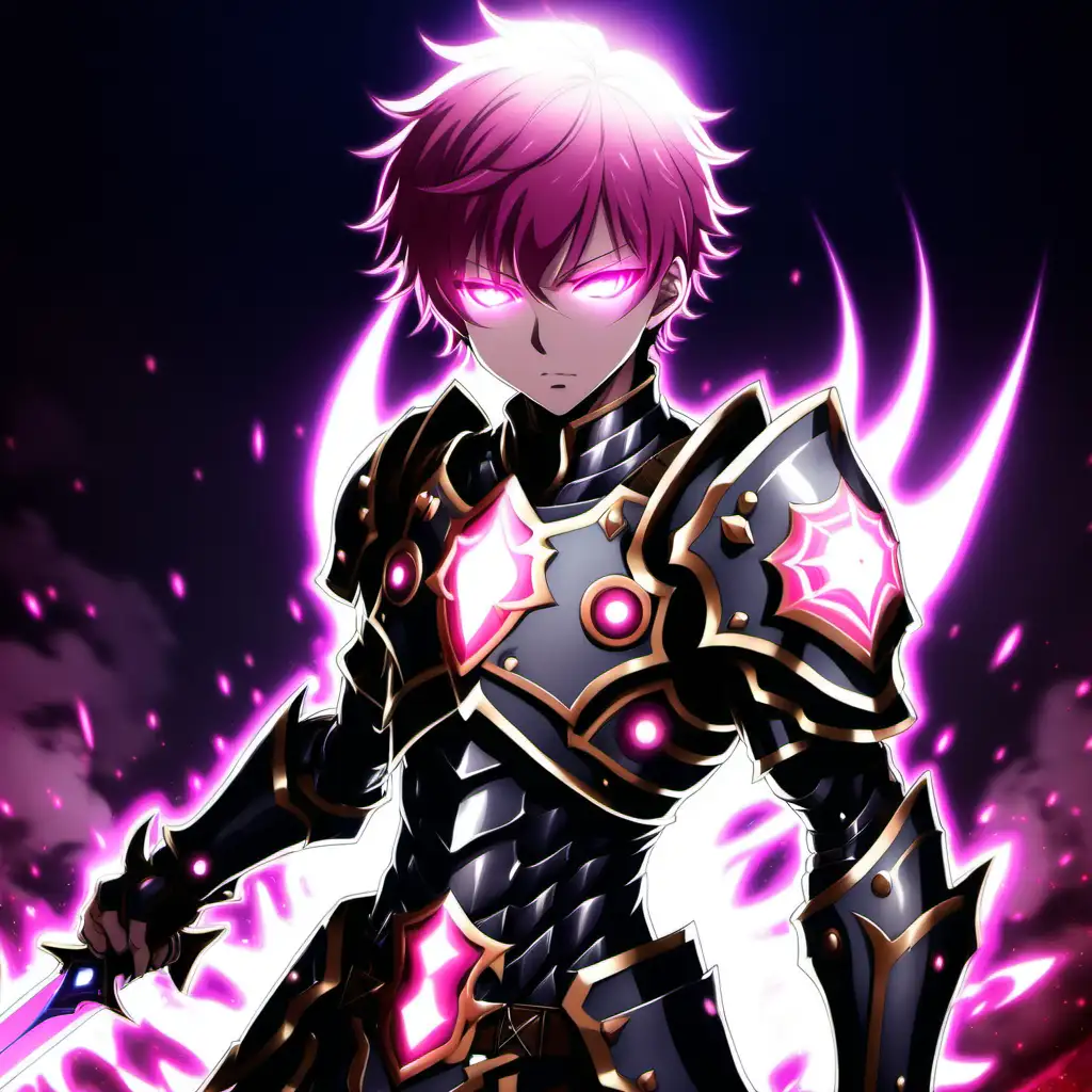 anime boy, aura, pink hair, glowing eyes, two daggers, full plate armor