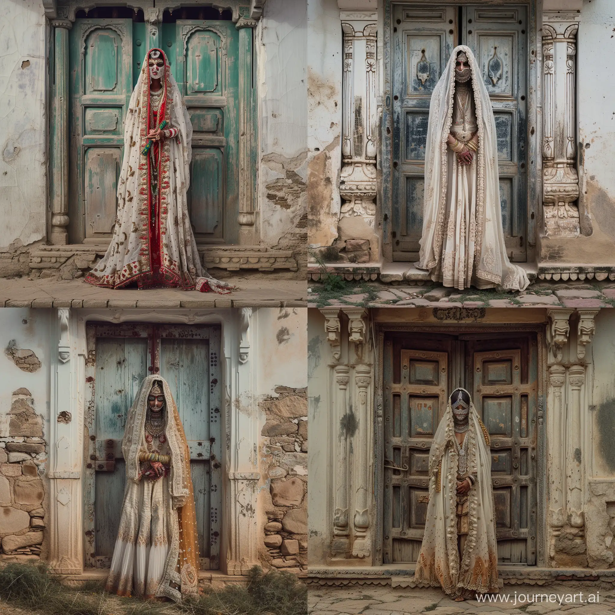 Colorful-Rabari-Women-in-Rajasthan-Standing-Before-Old-Door