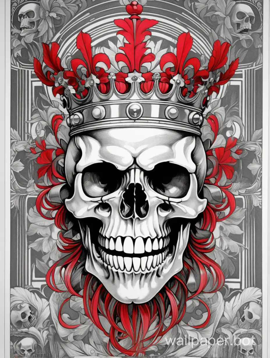  glitch crazy laugh skull wearing a fluid crown, assimetrical, alphonse mucha, william morris, poster, hiperdetailed, black,white, gray, red, hipercontrast