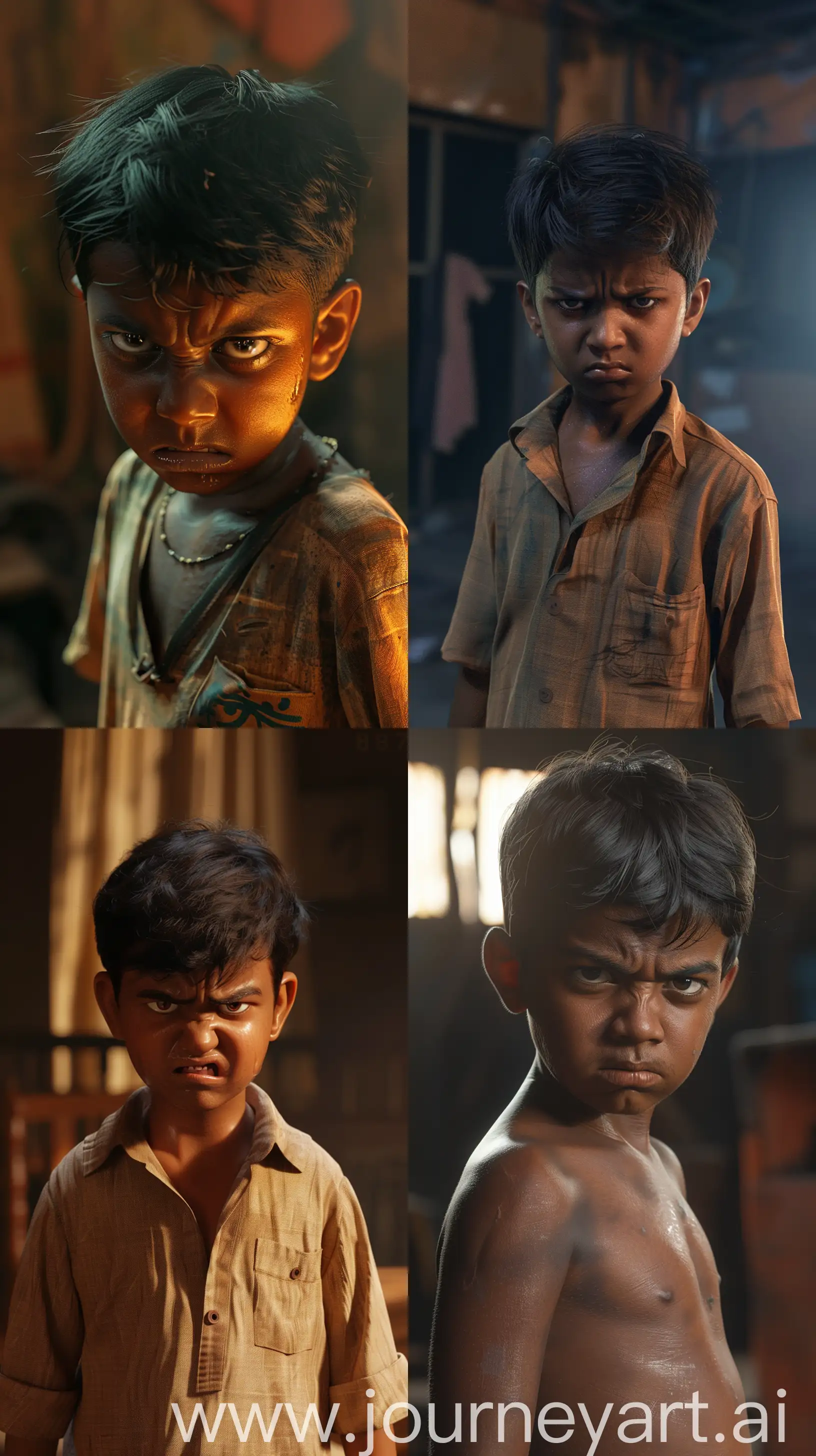 Realistic depiction of an Indian kid with darker complexion, angry expression, standing indoors with dim cinematic ambient lighting, highly detailed, 8k resolution --ar 9:16 --s 100 --v 6