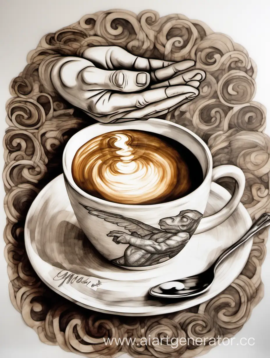 Картина сотворение Адама, где они передают кружку кофе (кружка кофе увеличена в размере), на кружке сделана надпись: 90 рублей!!! Картина сделана как от руки человека