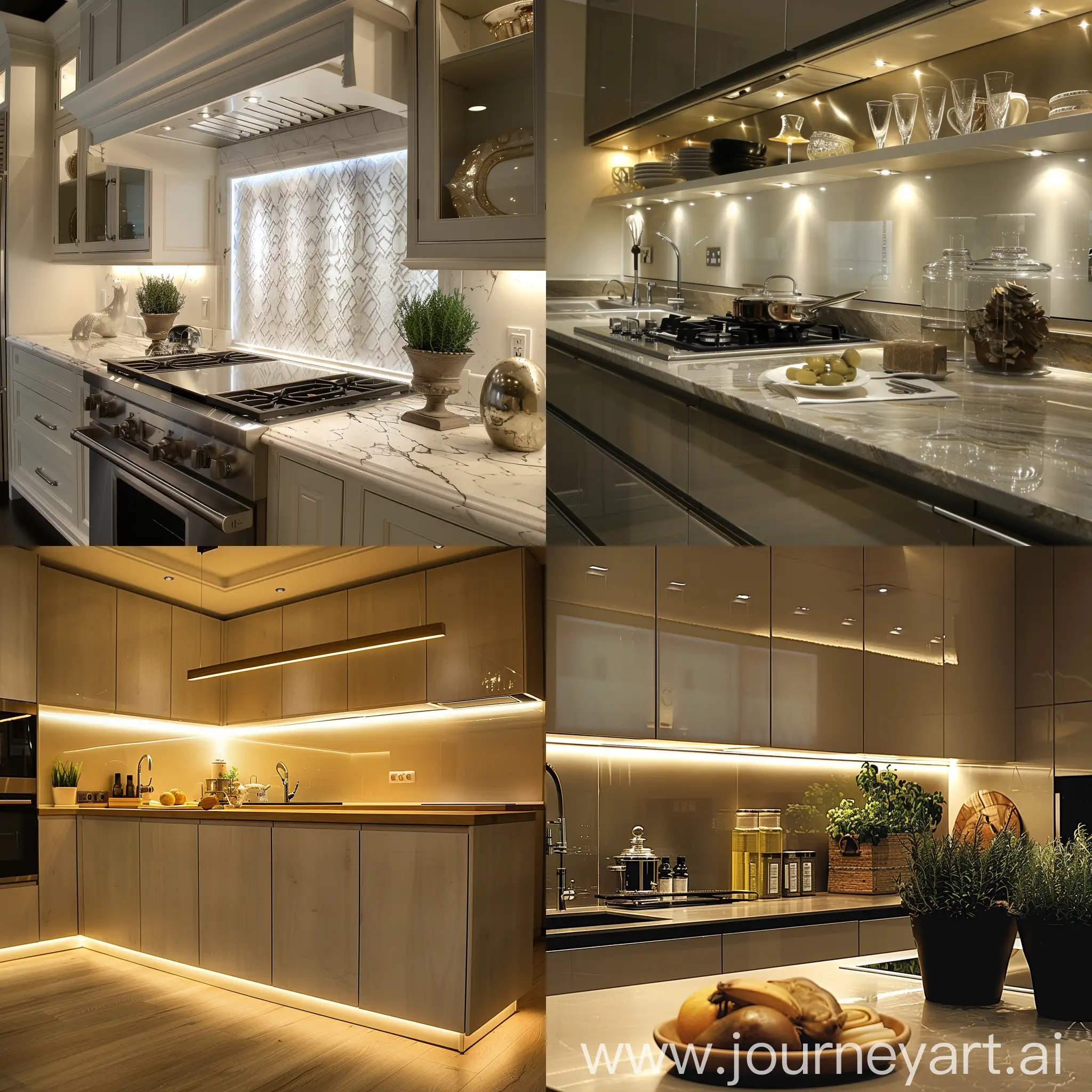 Exquisite and beautiful kitchen, cabinet lights emit soft light.
