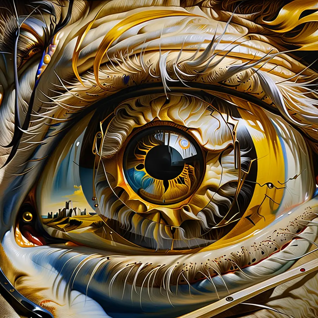 The mind of a person being looked over by a strong protective lion's eye, the lion's eye is to be realistic, a round pupil and the iris part of the eye being yellow, reflection of a person in 
 the pupil, created in a Salvador Dali style detailed painting.
