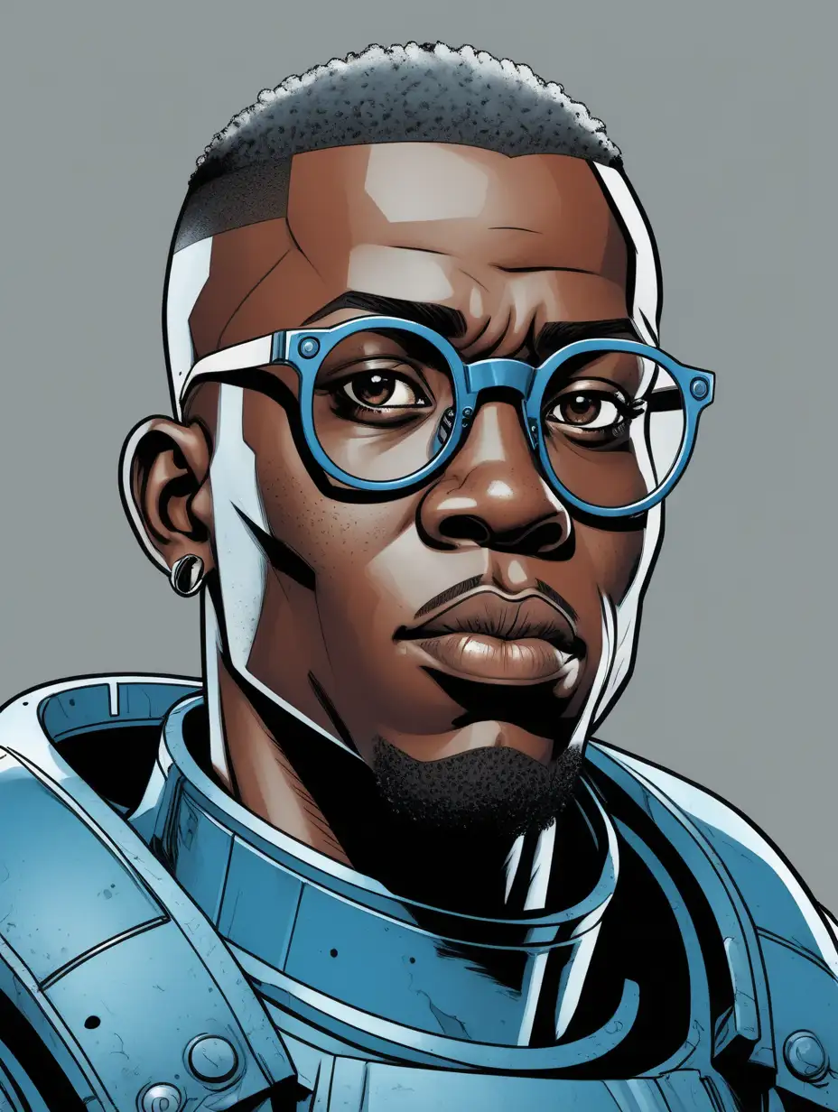 inked comic book style. close up portrait of african man with crew cut and round spectacles. wearing ocean blue power armor. grey background.