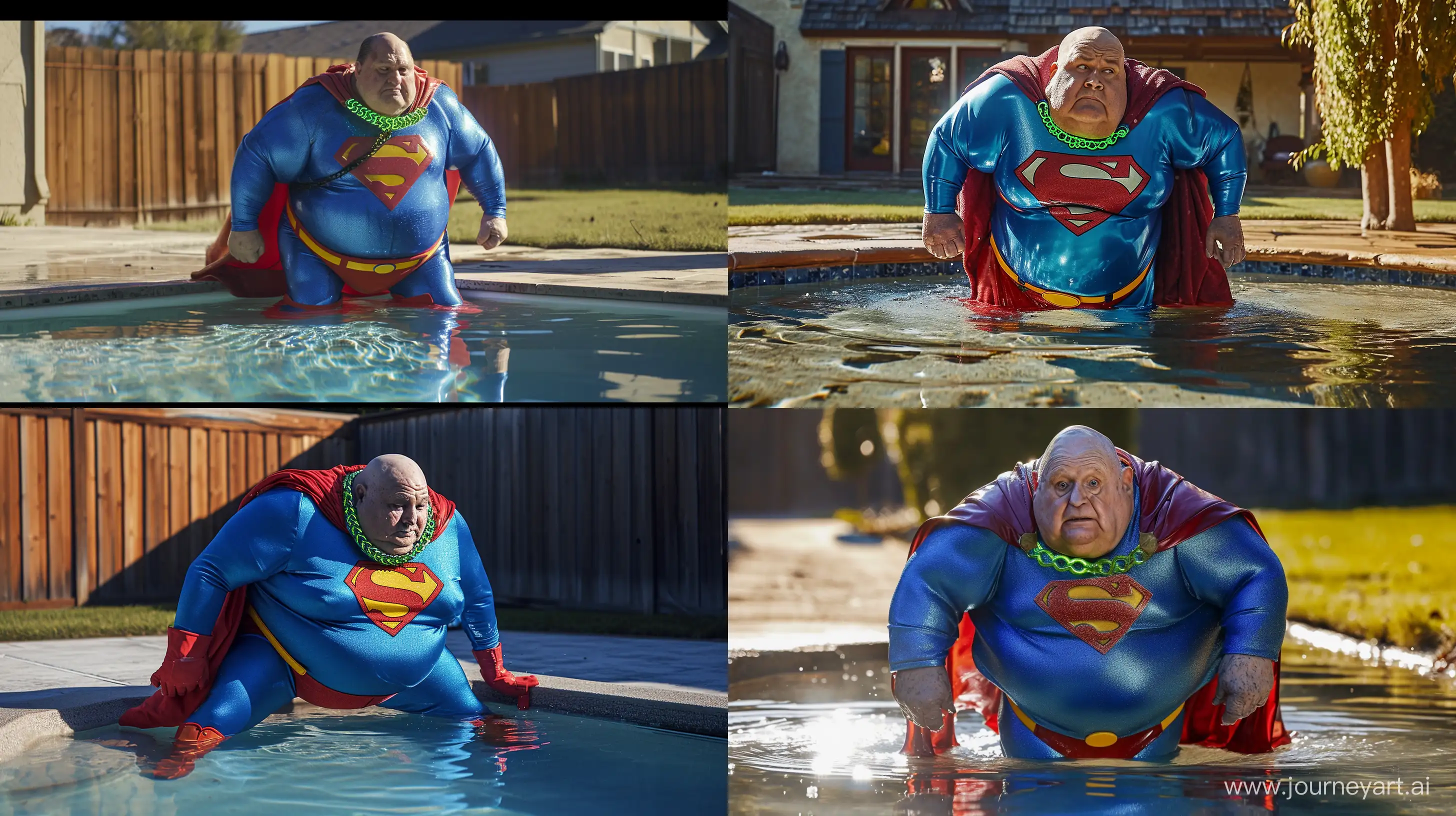 Photo of a chubby man aged 70. He is crawling in a shallow pool. He is wearing a slightly shiny blue superman costume with a large red cape, red boots, blue shirt, blue pants, yellow belt and red trunks. He wears a heavy glowing green chain collar on his neck. Outside. --style raw --ar 16:9 --v 6