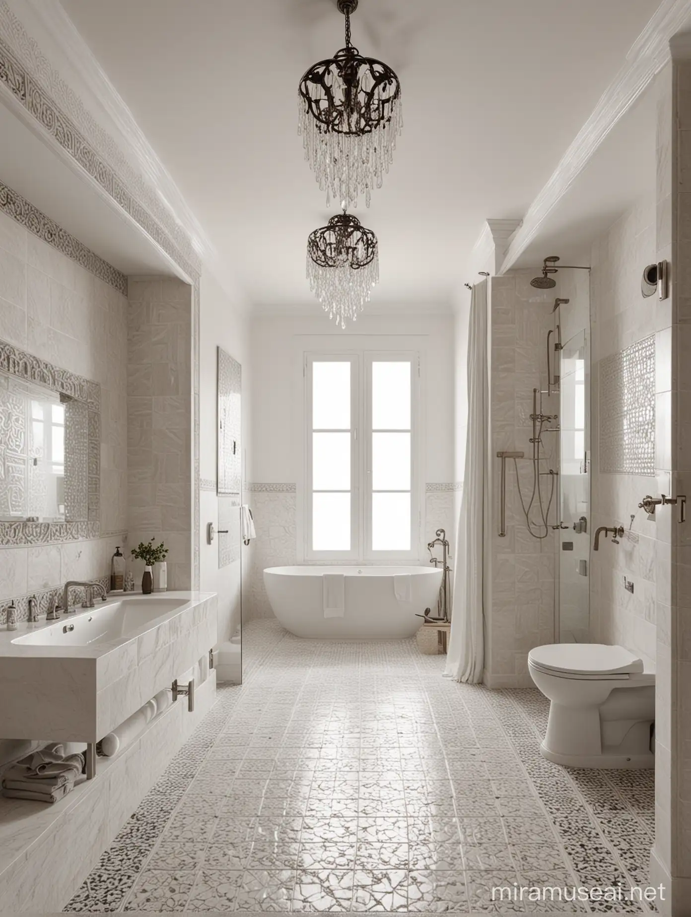 wygeneruj wizualizację dużej łazienki w stylu nowoczesnym minimalistycznym, w tradycyjnym domu w Andaluzji.  Na  jednej ścianie  renesansowy relief, na podłdzw azulejos. prysznic, 2 umywalki, lampa wiszaca  - żyrandol kryształowy