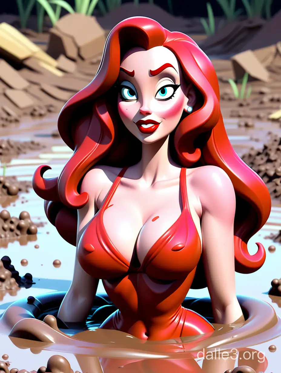 jessica rabbit swims in mud, flat 2d style, toon