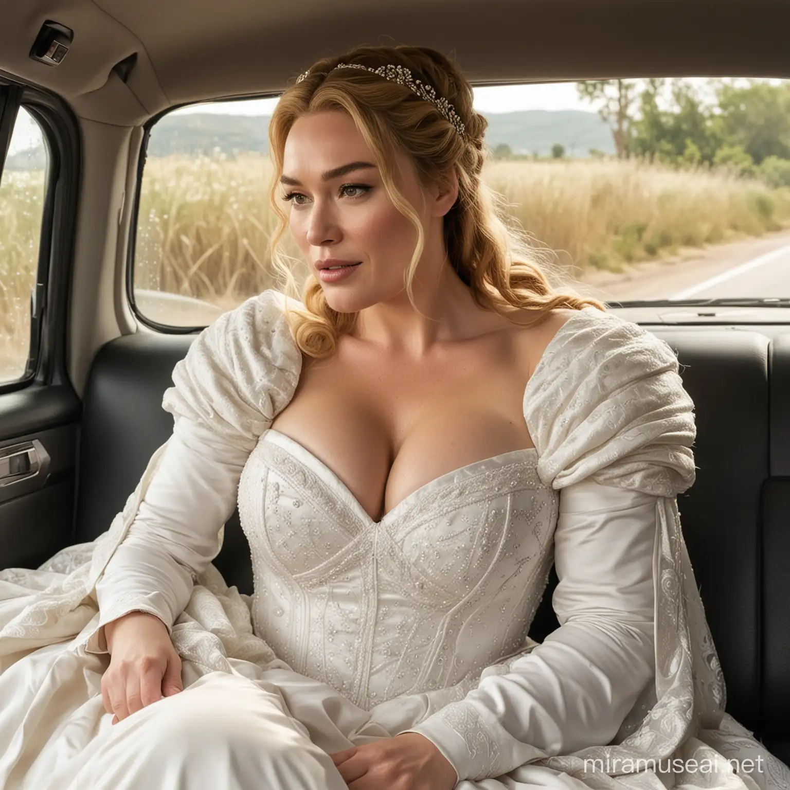 cersei lannister in pigtails, wearing a white wedding dress, in the back seat of a car, bbw, giant breast, massive cleavage