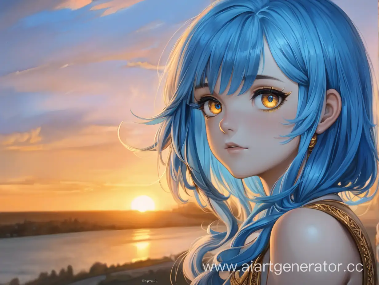 Mystical-Girl-with-Blue-Hair-and-Golden-Eyes-at-Sunset