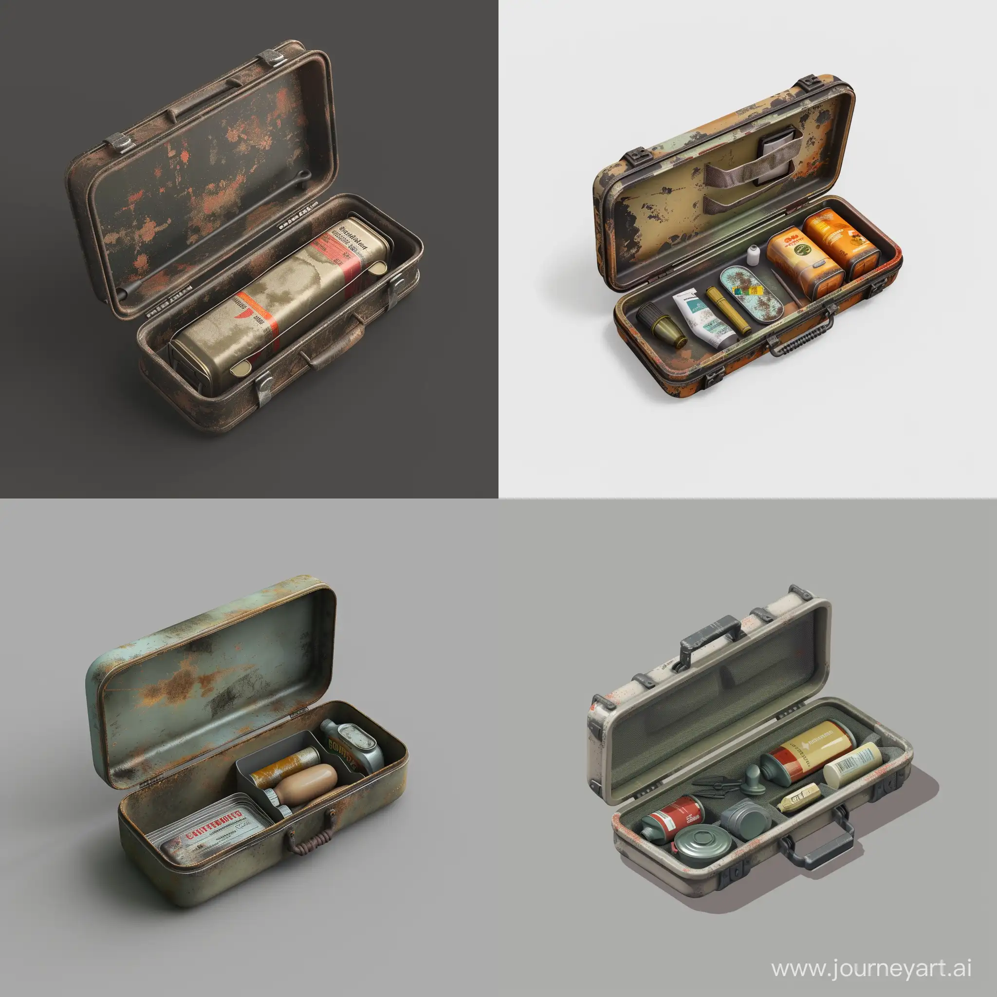 isometric realistic mini very small simple opened survival kit in realistic worn long metal case, 3d render, stalker style, less details, hunting first aid, hygiene, canned