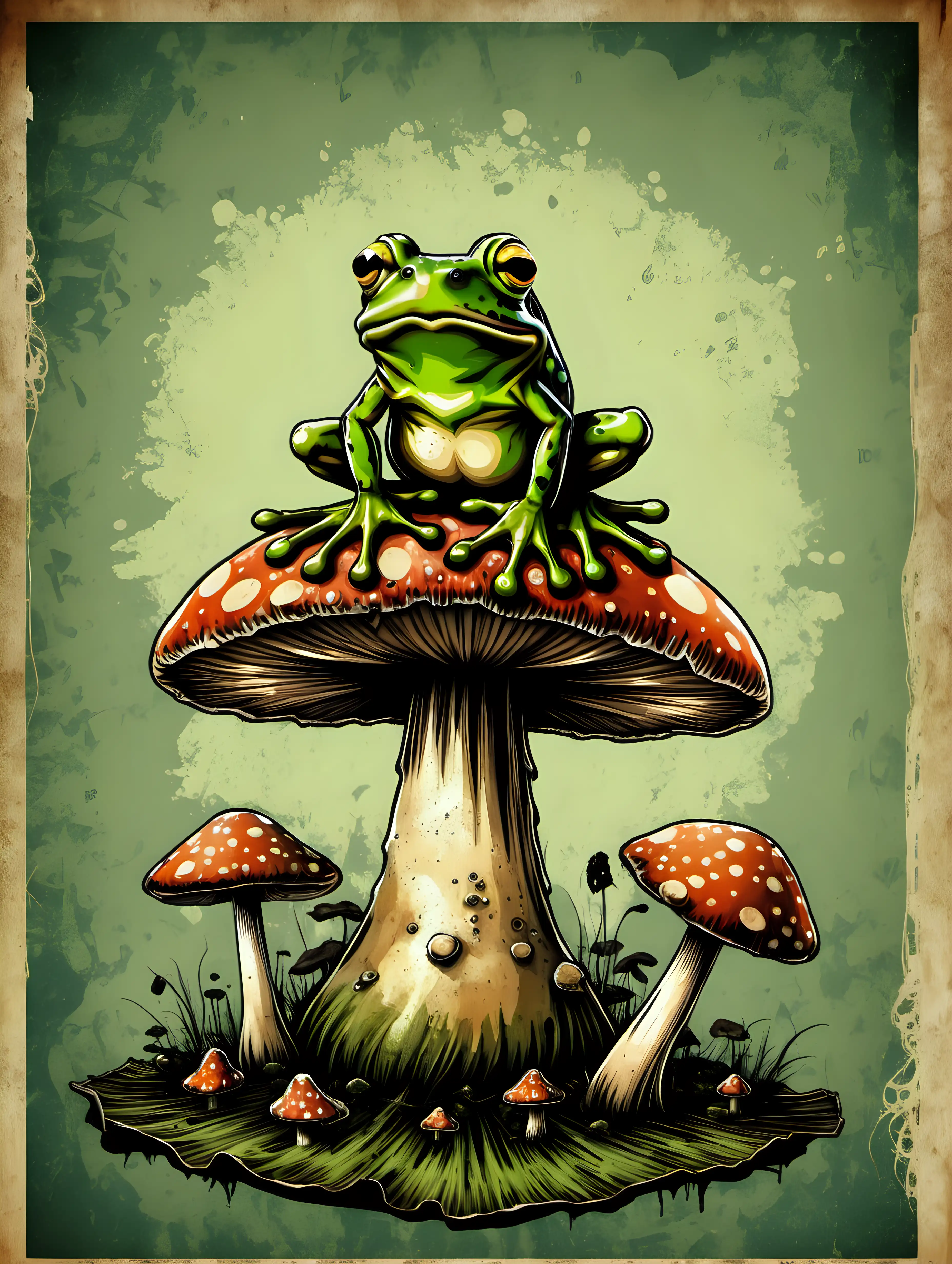 Quirky Grungy Frog Perched on Enchanting Mushroom