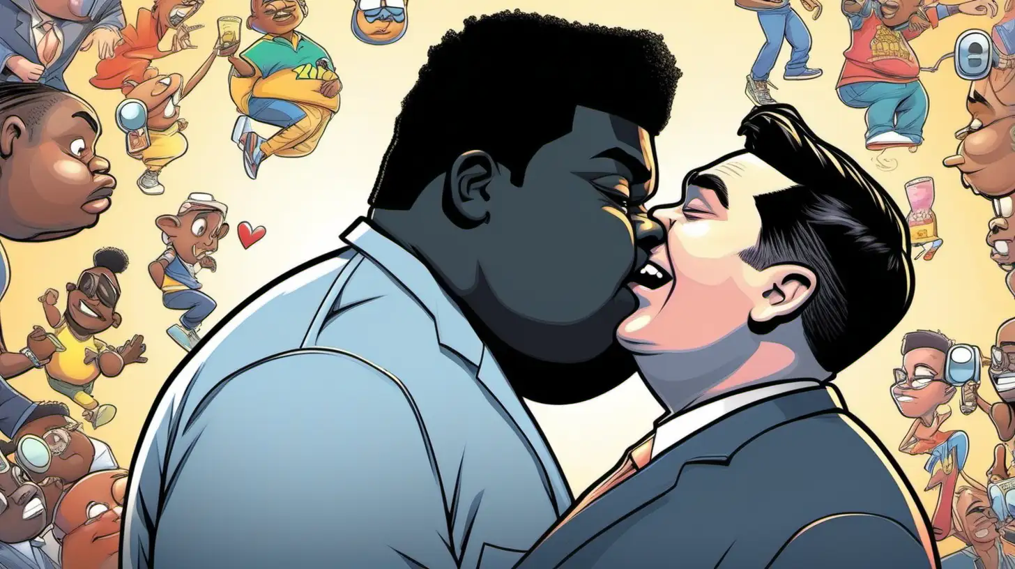 Ben Shapiro kissing a fat black man in style of 2d cartoon style