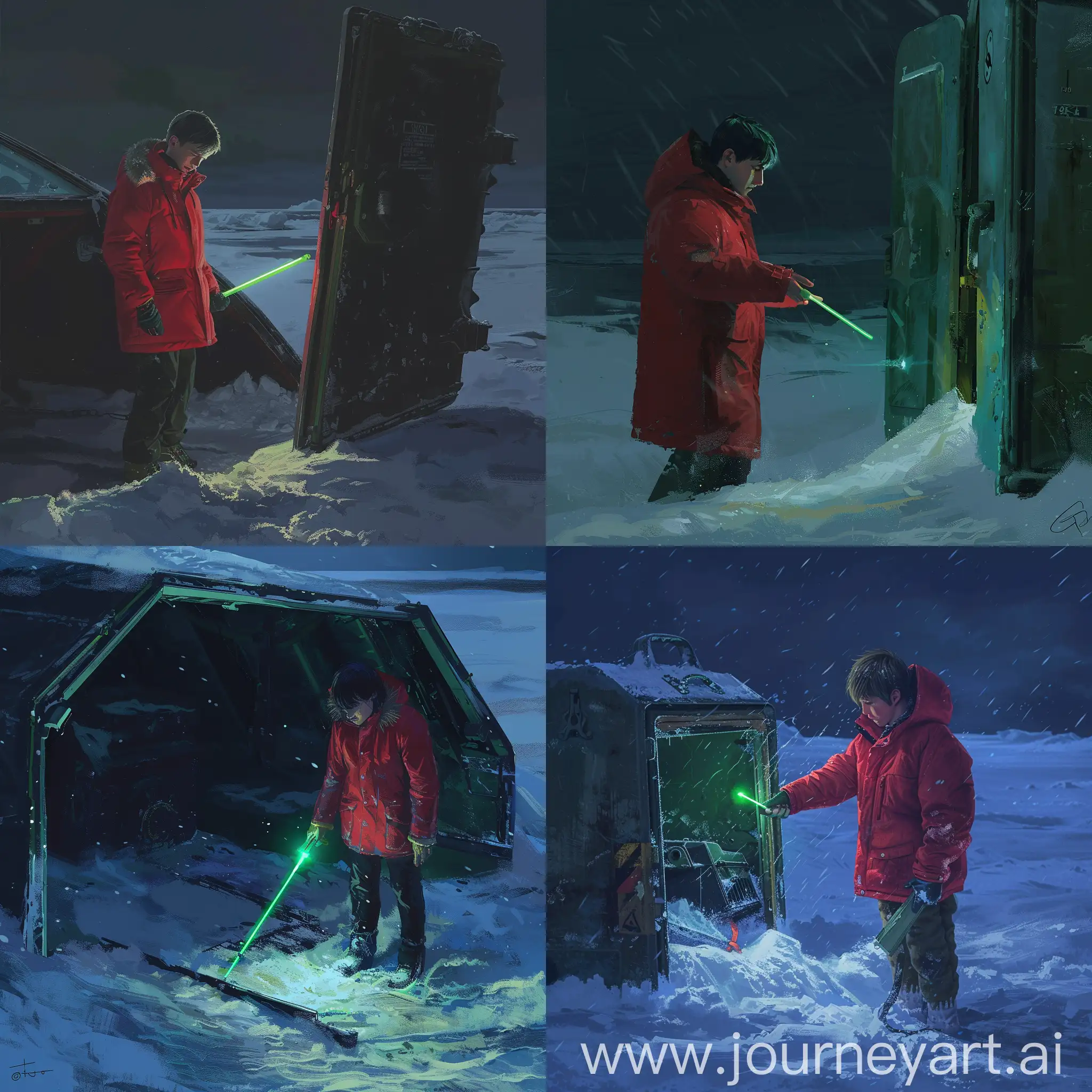 Realistic art: young guy in red parka stands near open hatch in snowy night of greenland. He's weak. He holding green glowstick