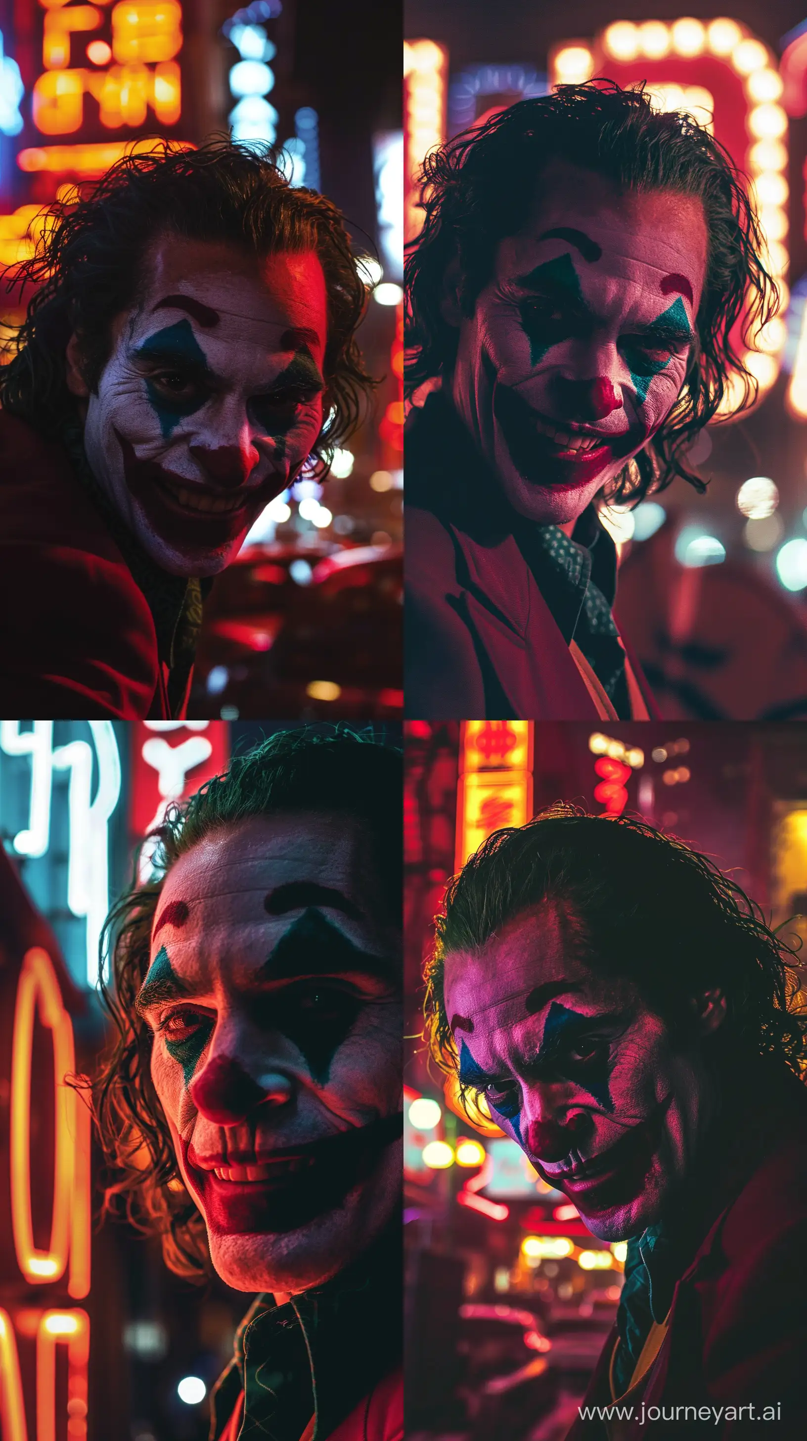 In Gotham City, Heath Ledger's Joker appears in an extreme close-up shot, his face twisted into a maniacal grin, illuminated by the flickering lights of the city's neon signs. The shadows accentuate the contours of his iconic makeup, emphasizing his chaotic nature. Shot with a cinematic red cinema digital camera, capturing every detail of Ledger's portrayal, with intense contrast and vibrant colors. --ar 9:16 --style raw --v 6