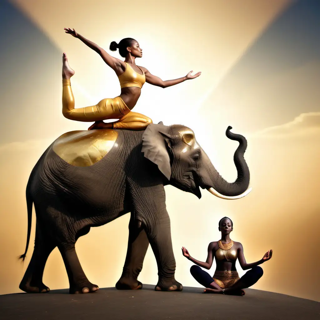 stunning spiritual woman doing yoga on top of a african elephant with gold