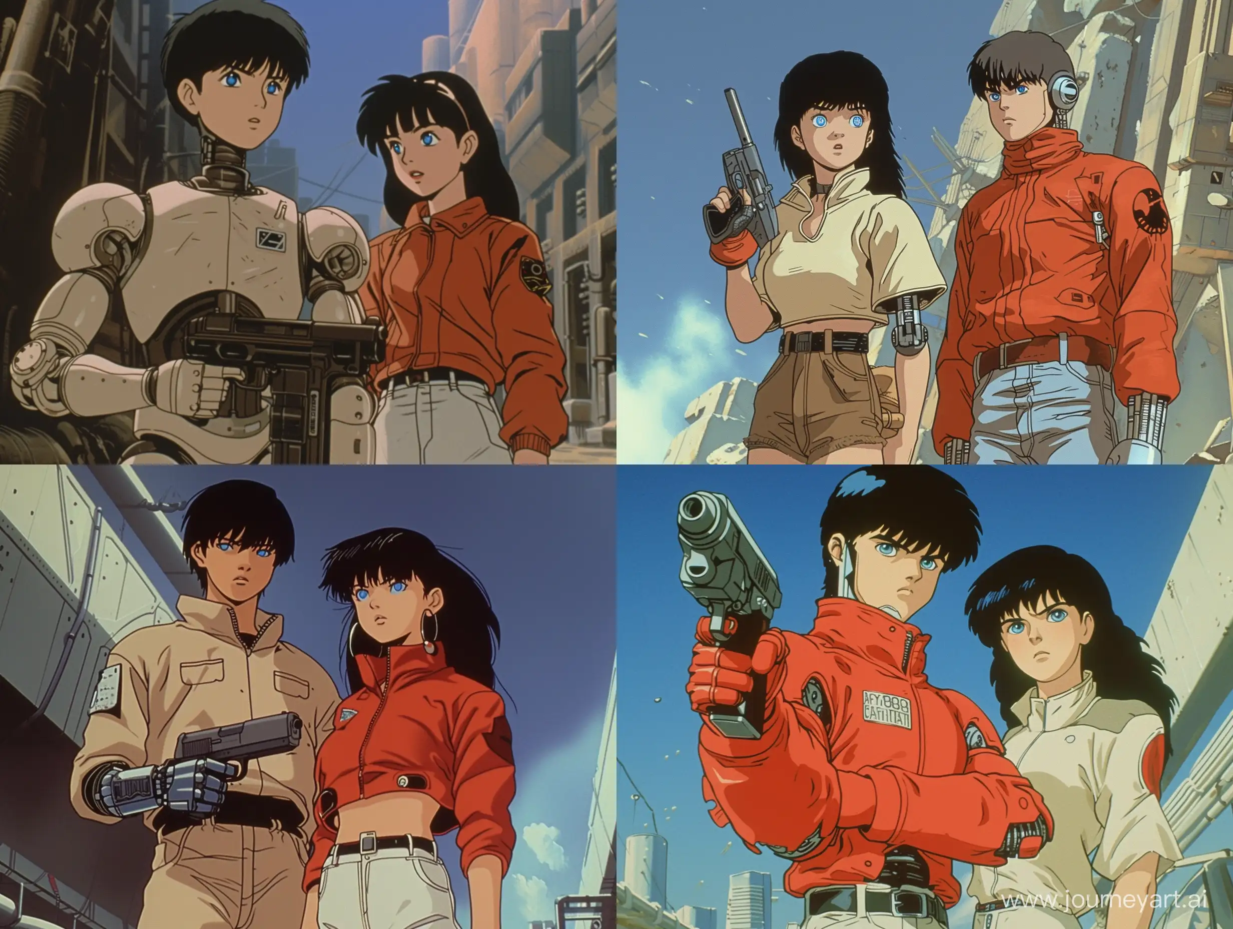 a old 90s cartoon still of a cyborg male standing next to his female partner, nostalgia, anime, akira 1988 still, they have blue eyes, standing in a open area, full body, outside city environment, dystopian, holding a pistol, 