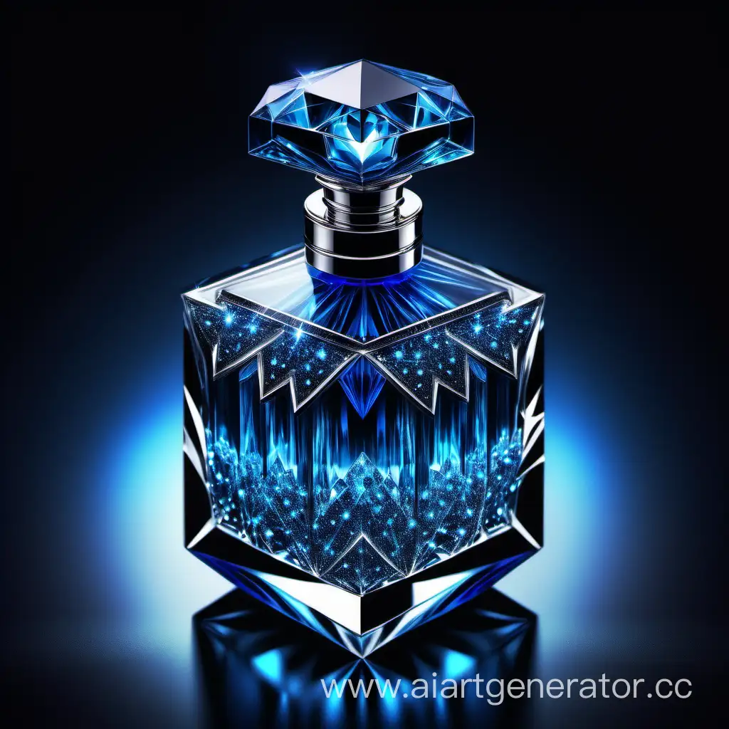 a crystal clear diamonds, with glowing sparks perfume bottle made of blue and black
 transparent 