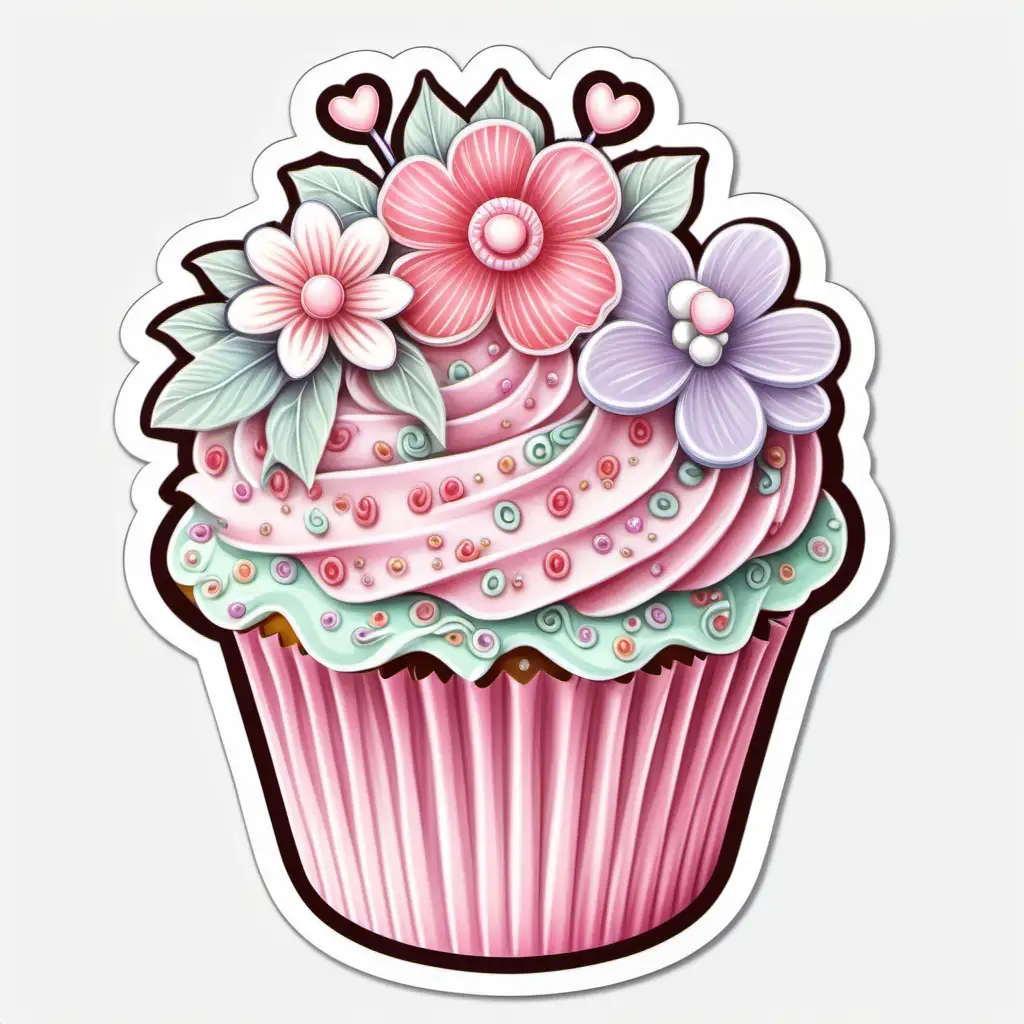 fairytale, whimsical, intricate,cartoon, pastel frosted,valentine cupcake, delicatly decorated, intricate 
floral background sticker, white background