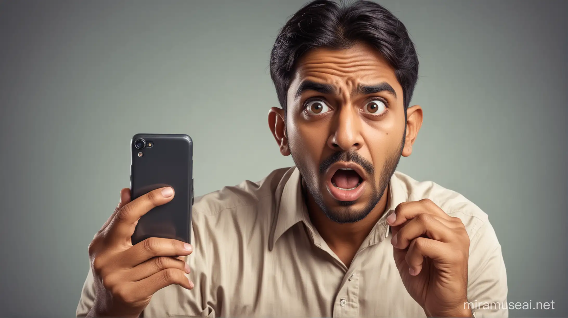 Create a realistic image of a indian man looking at a phone, shocked, Capture the tension and concern on the person's face, highlighting the seriousness of online fraud. Use detailed imagery to convey the dangers of online scams