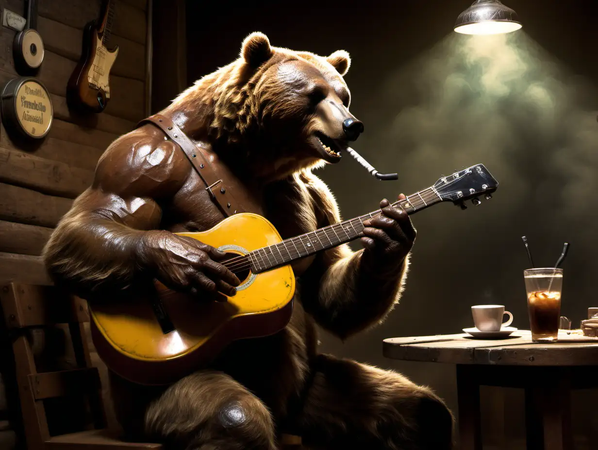 Soulful Brown Bear Jamming on Guitar and Harmonica in a Cozy Caf Frank Frazetta Style