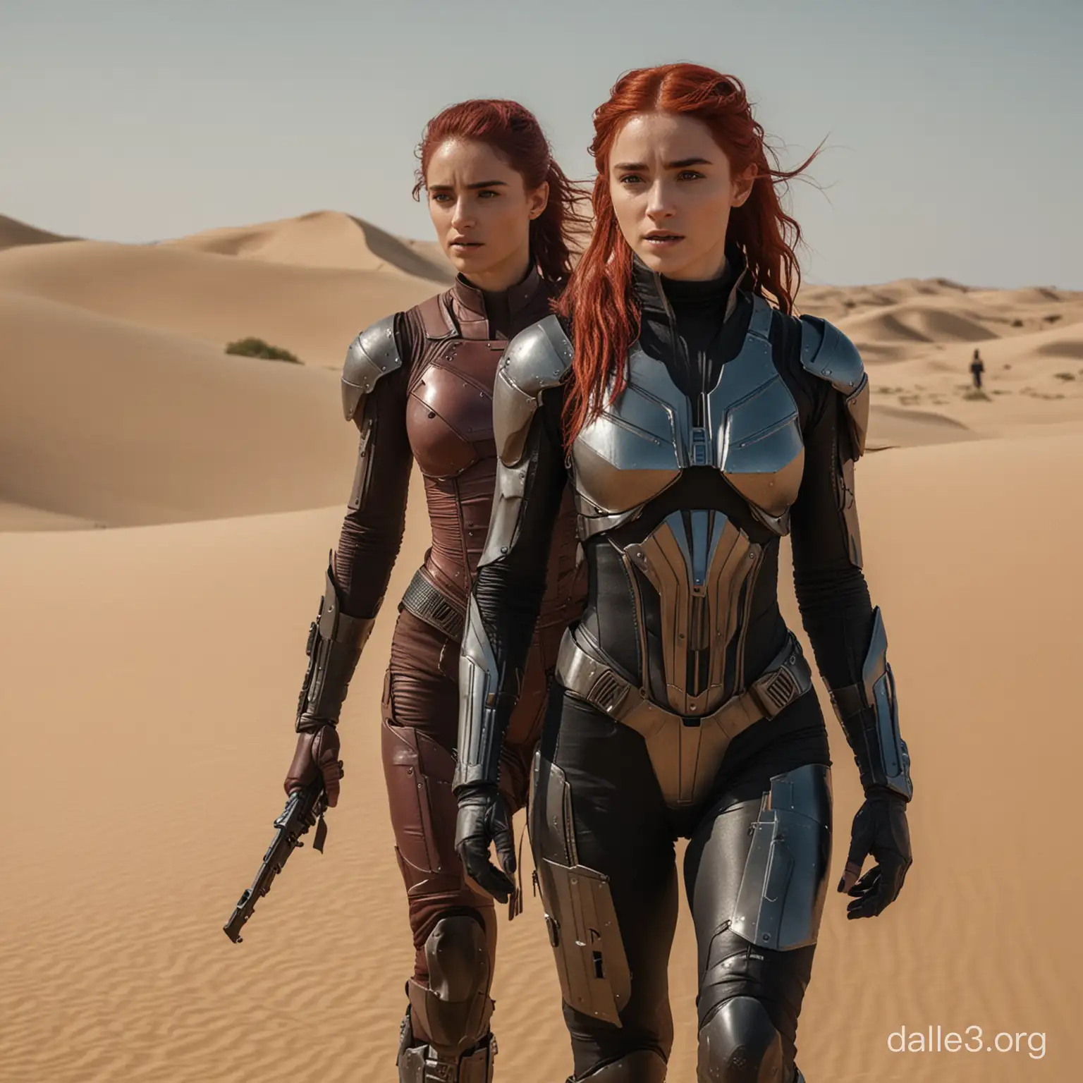 Dark red-haired Sofia Boutella as Chani Kynes in stillsuit and Saoirse Ronan as Alia Atreides with a crysknife Dune