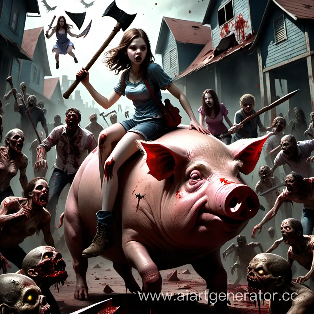 Девушка с коричневыми волосами с топором в руке сидит верхом на большой свинье, а вокруг нее ходят кровавые зомби