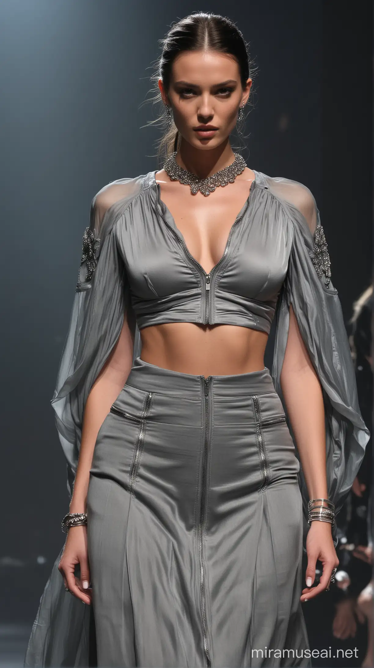 Stunning beautiful supermodel, Montelago brand fashion runway motion, front angle, wearing a zipper crop top, deep neckline, with large silk sleeves gathered at the elbow, and washed silk large skirt with layered effect, hands in the pockets, statement jewelry, very dark gray , glam, hyper-realistic, Alexander McQueen casual chic style