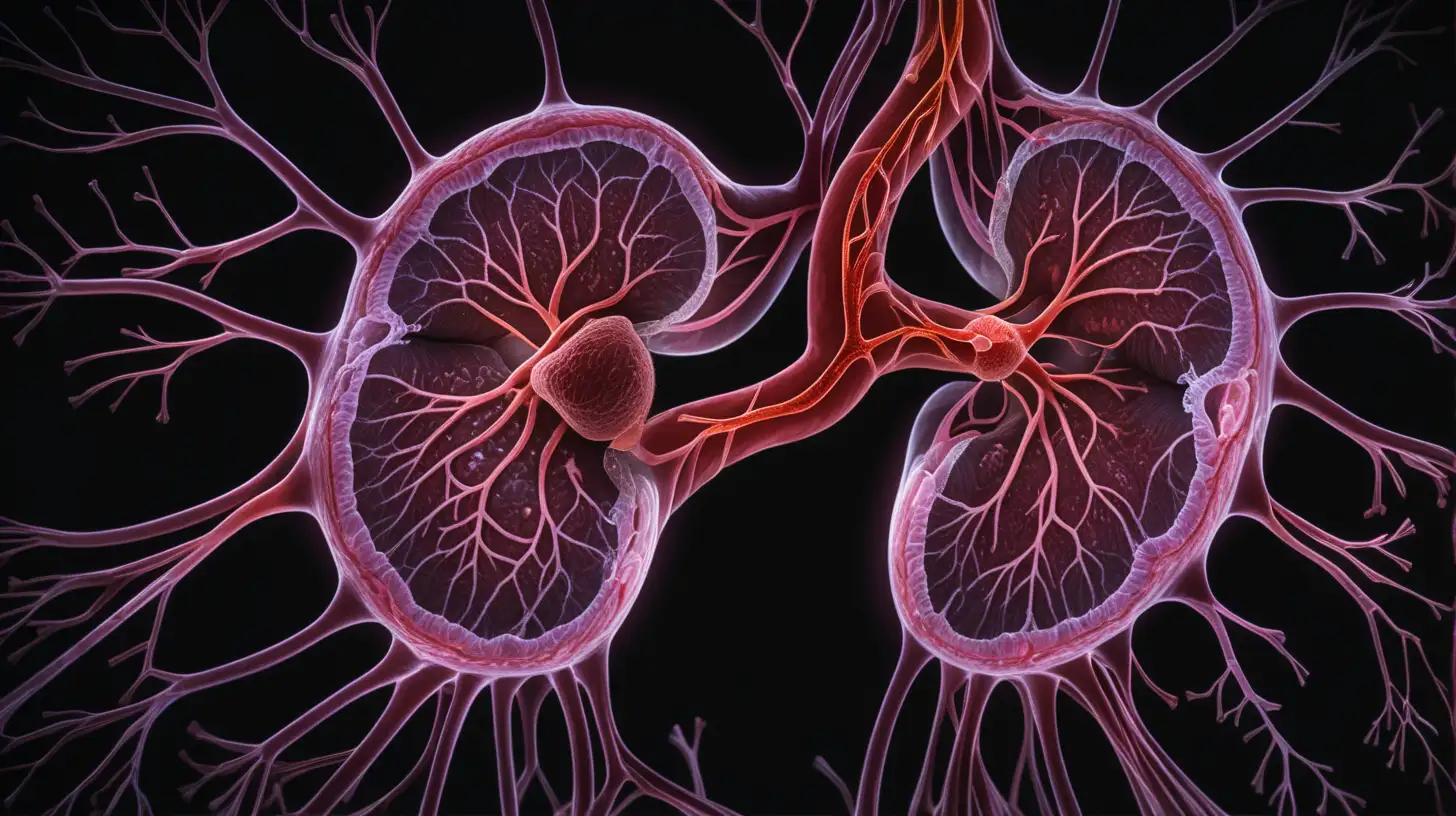 A close-up photograph of a healthy kidney isolated against a deep black background, showcasing its intricate network of blood vessels and smooth surface.