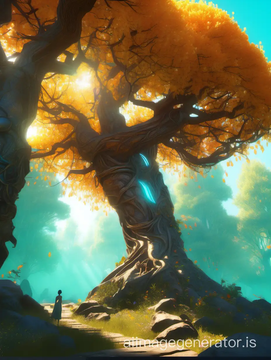 the flowering tree is forest, bright, sunny, cheerful. Greg Rutkowski's concept art, dynamic lighting, hyperdetalization, intricate detailing, surge of trends on Artstation, triad colors, Unreal Engine 5, volumetric lighting, Alphonse Mucha, WLOP, Jordan Grimmer, orange and turquoise