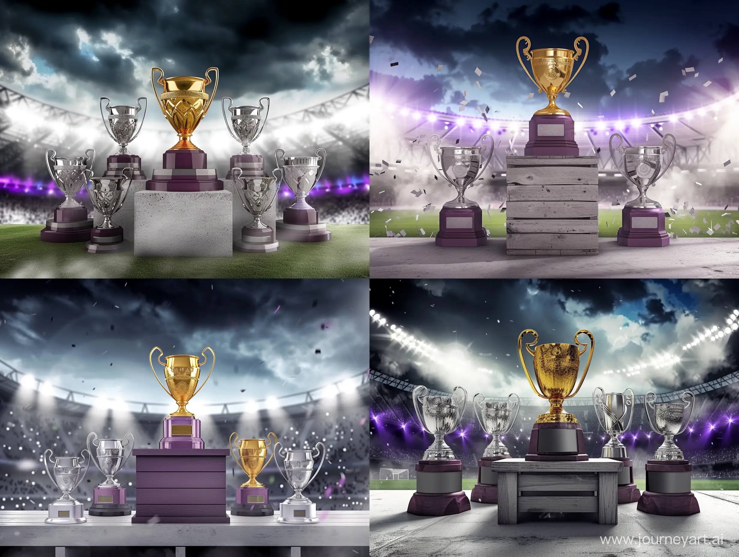 Victorious-Night-Soccer-Stadium-Podium-with-Gold-and-Silver-Trophies