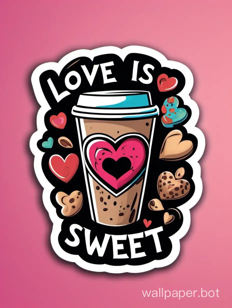 Create a vibrant and whimsical T-shirt graphic illustration that embodies the charm of the phrase 'Love is sweet, but have you tried my favorite coffee blend?' funny sticker style