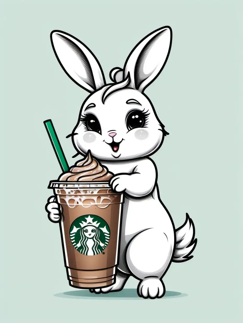 Sexy Cartoon Bunny Rabbit holding starbucks iced coffee, line drawing, white background